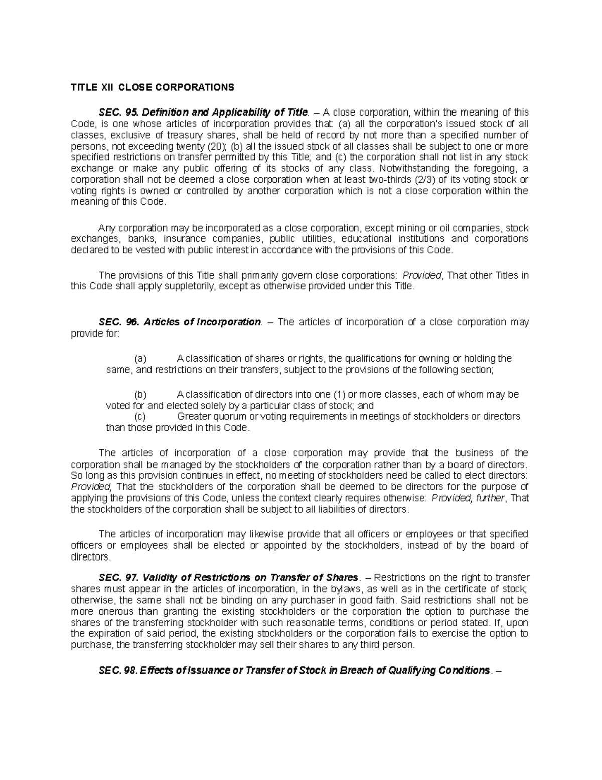 Corp. Code Sec. 95-132: Overview of Close & Special Corporations - Studocu