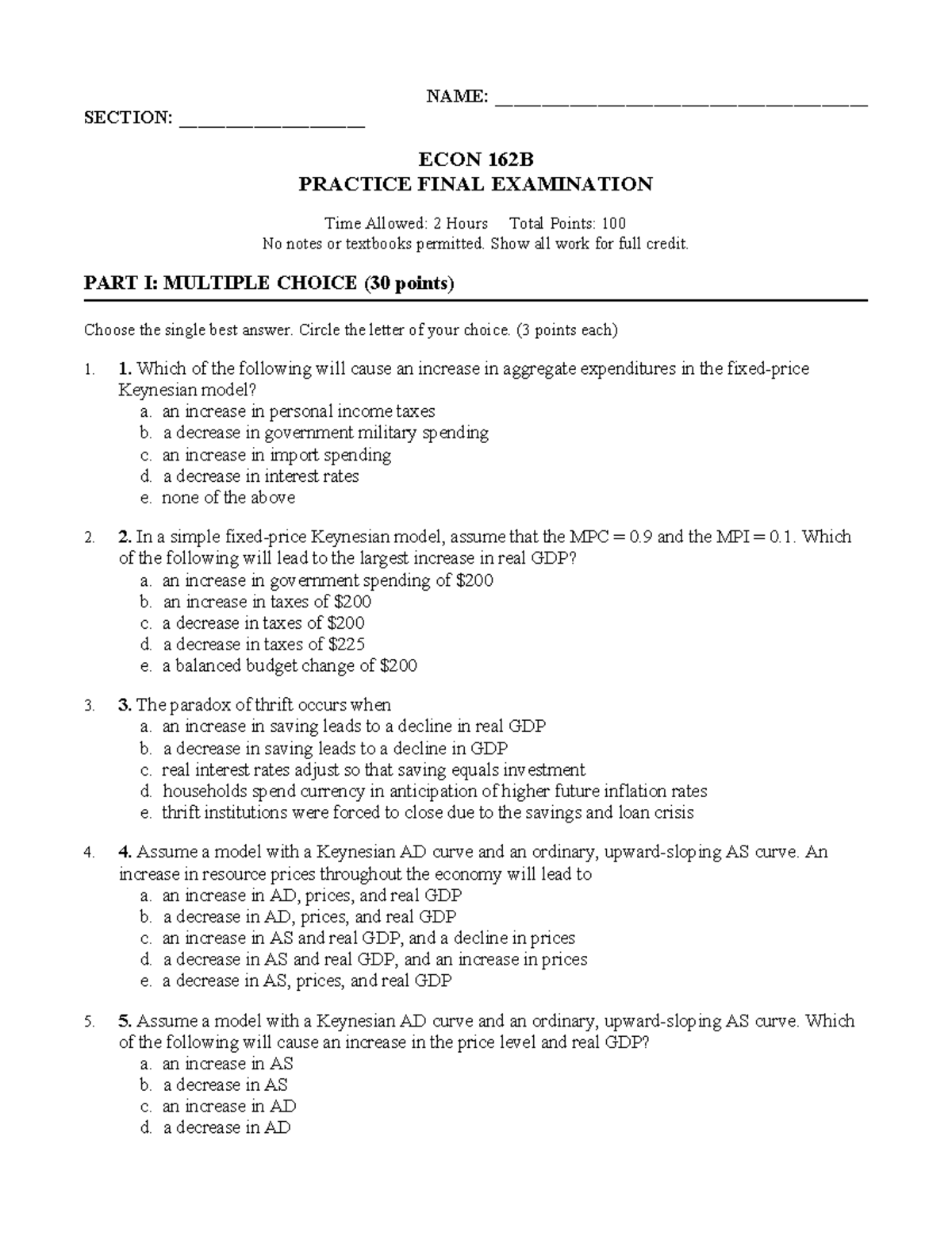 Econ 162B Practice Final Exam Review and Key Concepts - Studocu