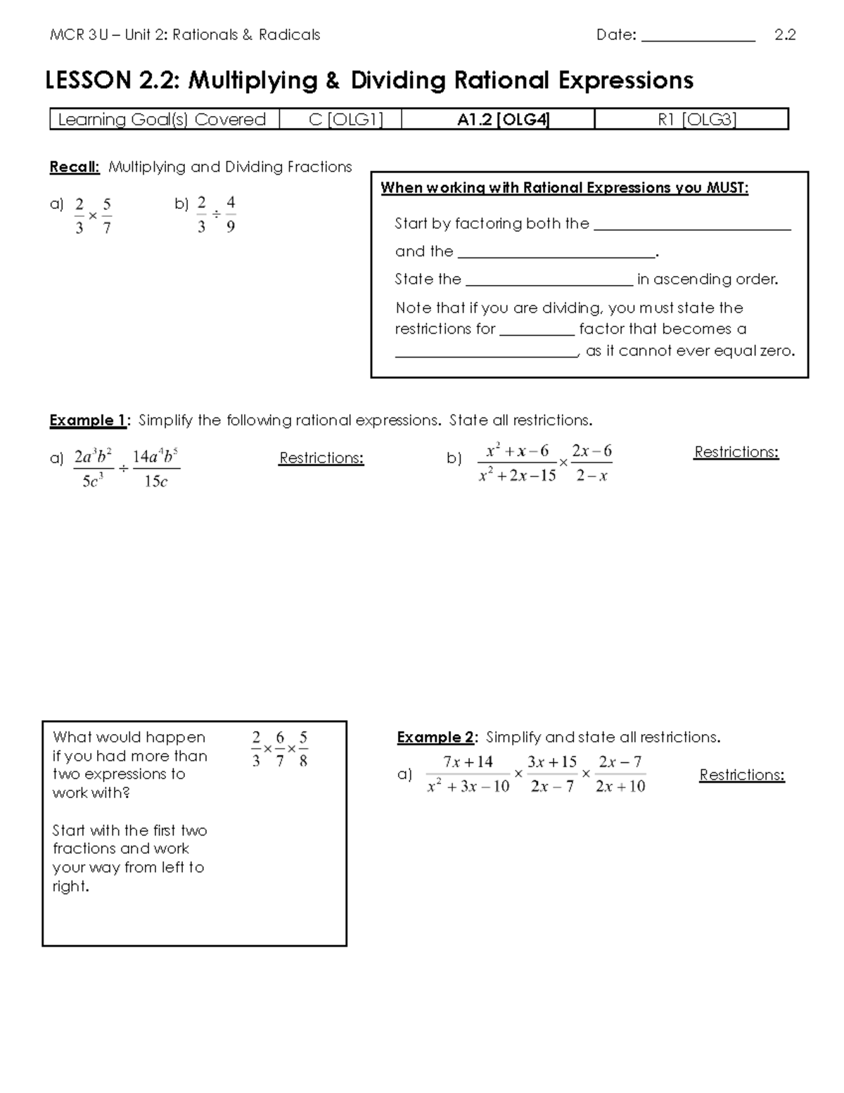 MCR 3U Unit 2: Lesson 2.2 - Multiplying & Dividing Rationals - Studocu