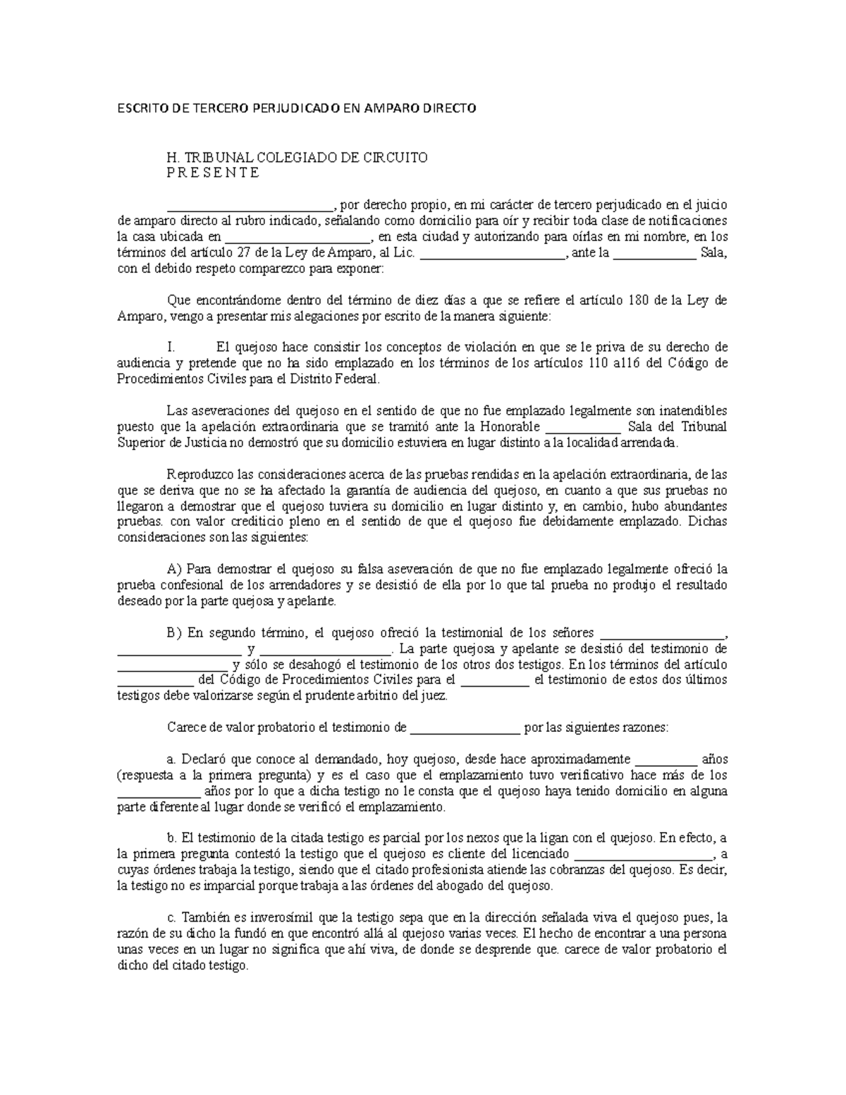 Escrito del Tercero Perjudicado en Amparo Directo: Allegaciones y Pruebas - Document Preview