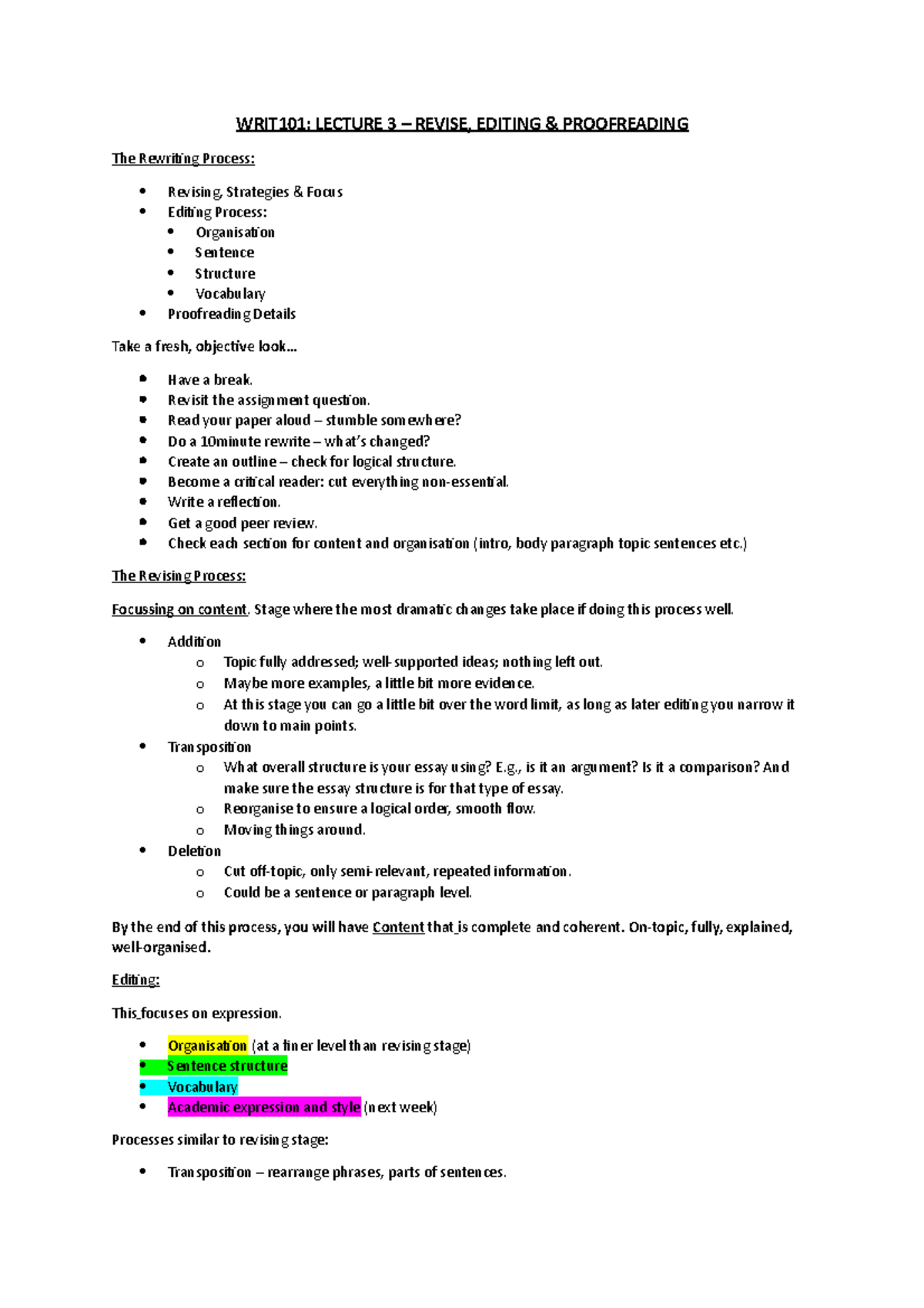 Lecture 3 - WRIT101: LECTURE 3 – REVISE, EDITING & PROOFREADING The ...