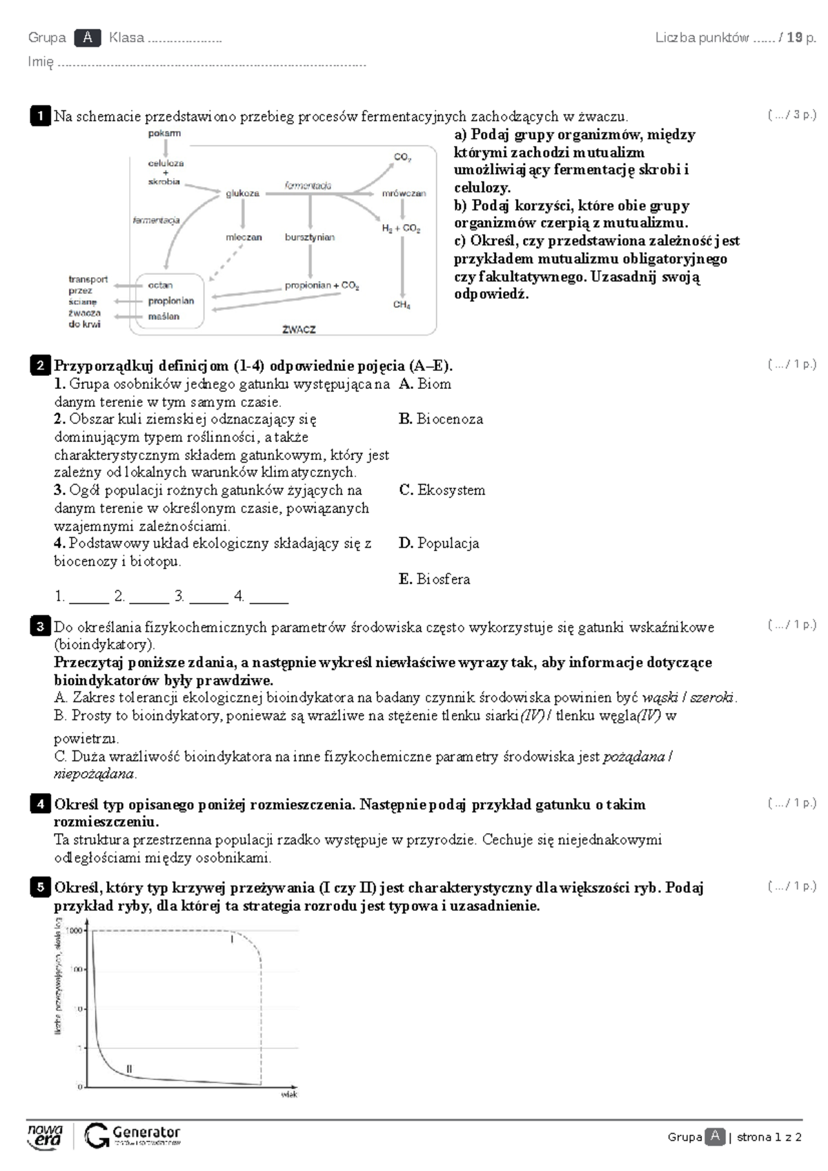 Test - Ekologia i różnorodność biologiczna W2 z widoczną punktacją