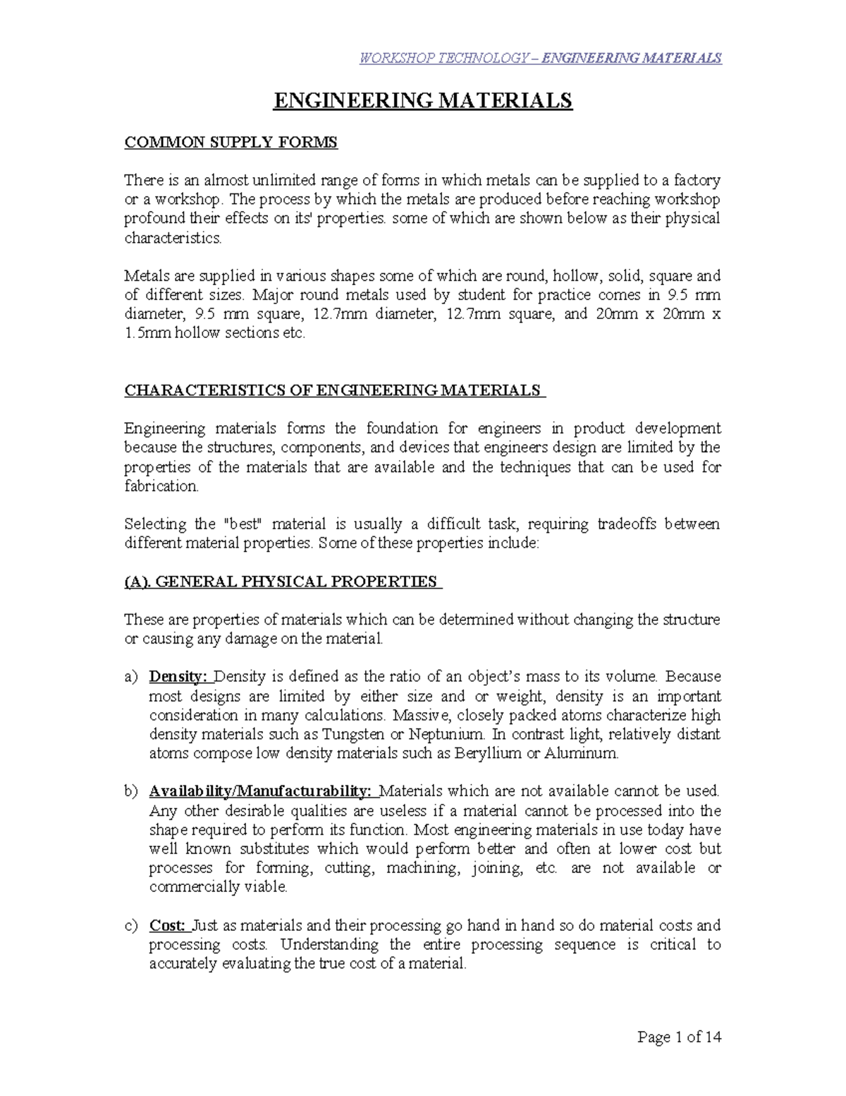 Engineering Materials Workshop Notes (ENGR 201) - Version 4 - Studocu