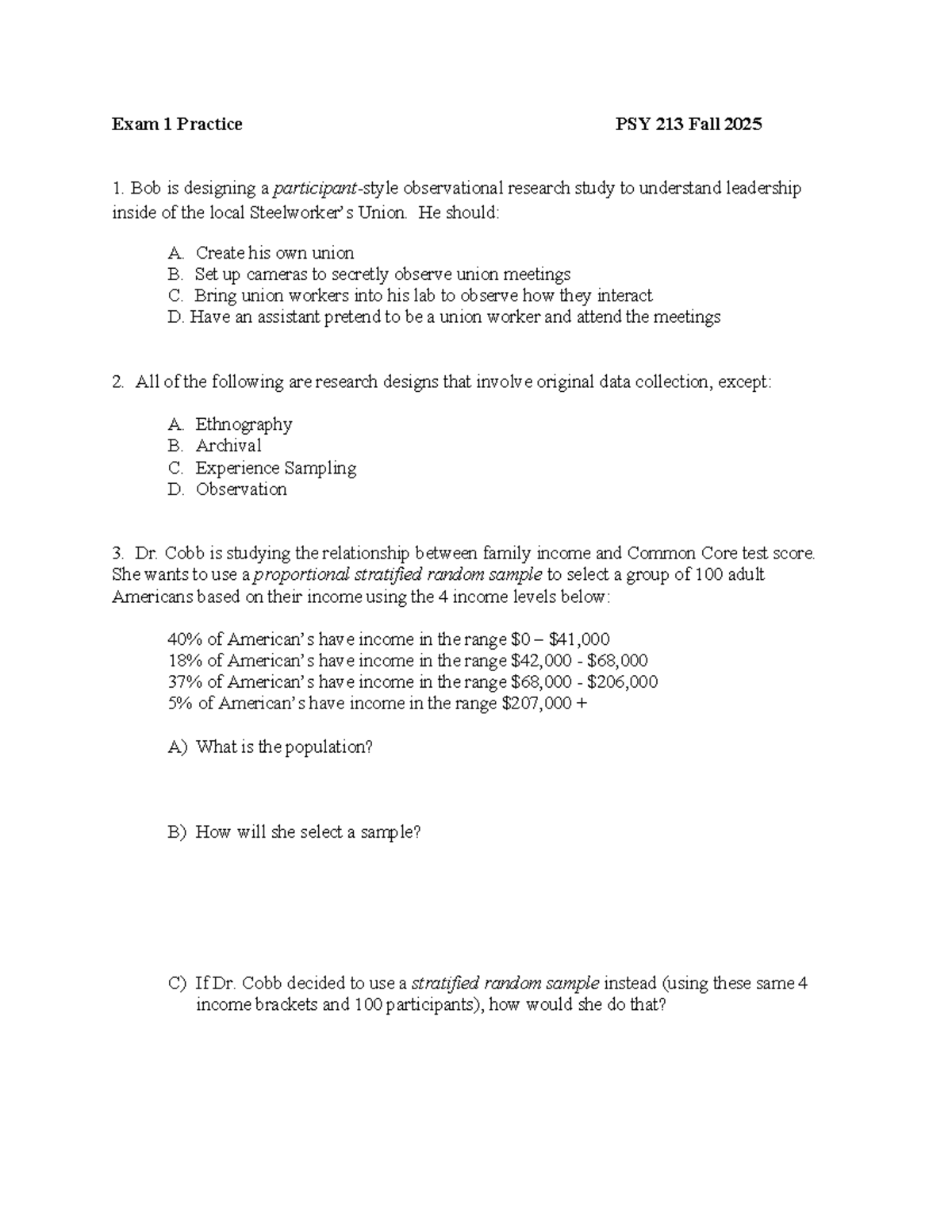PSY 213 Exam 1 Practice Questions & Concepts - Fall 2025 - Studocu