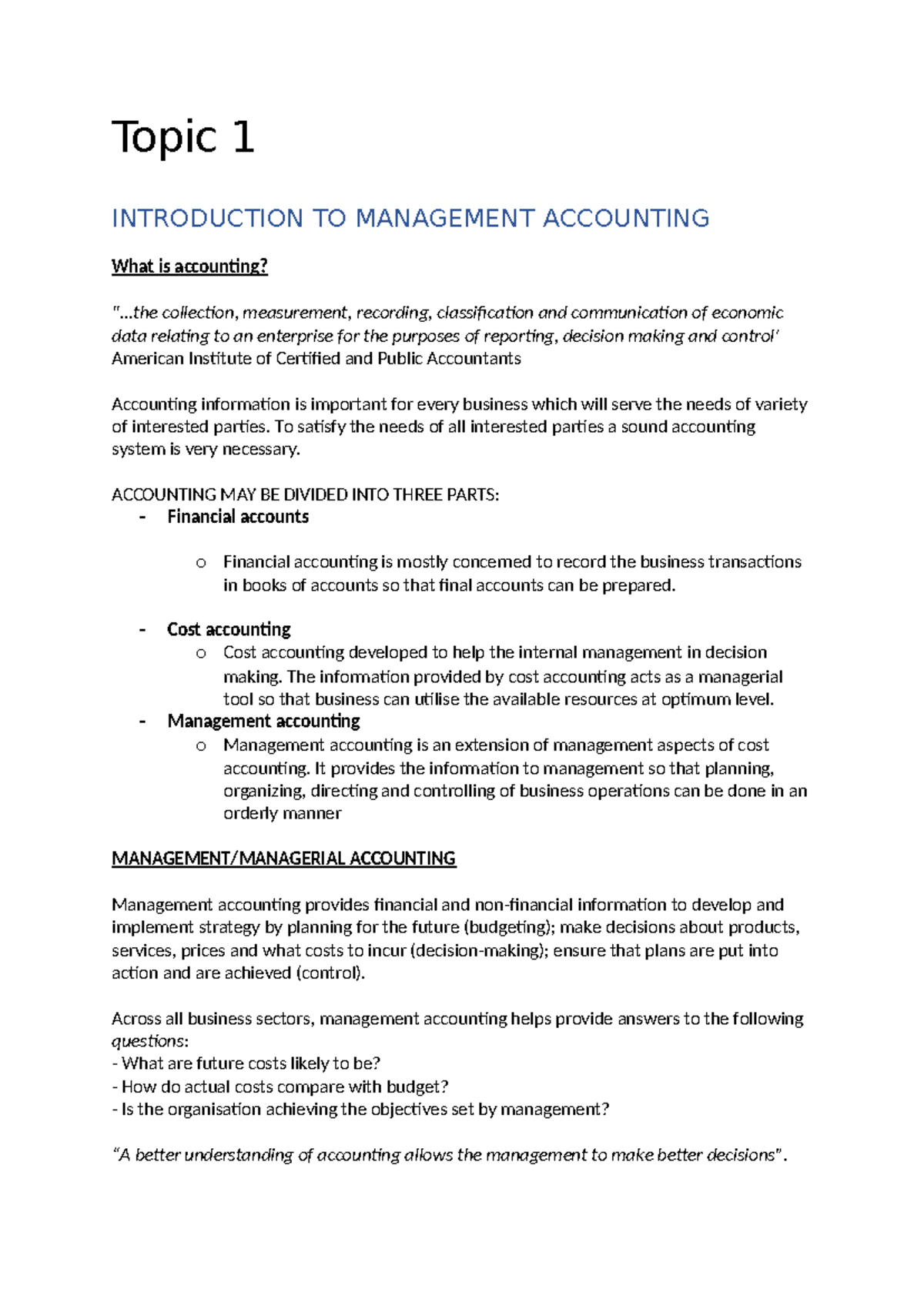 Management Accounting Notes: A Comprehensive Study Guide for ACC101 ...