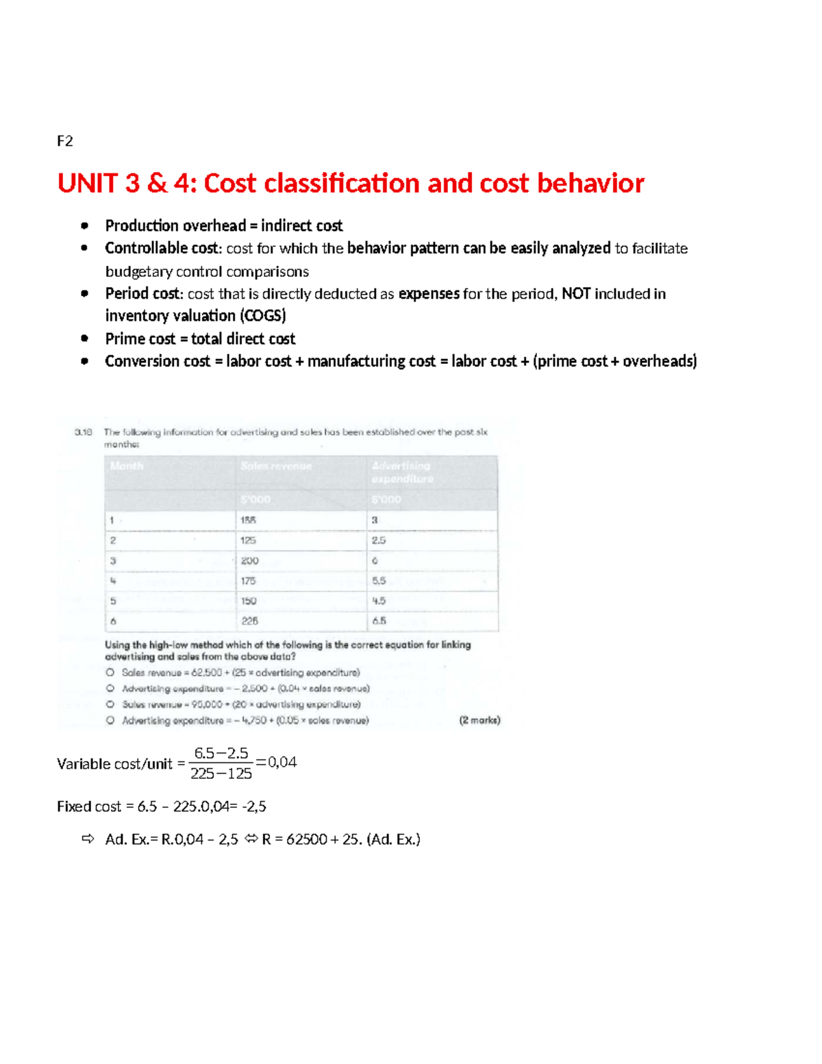 F2 UNIT 3 & 7: Cost Classification & Behavior Analysis - Studocu