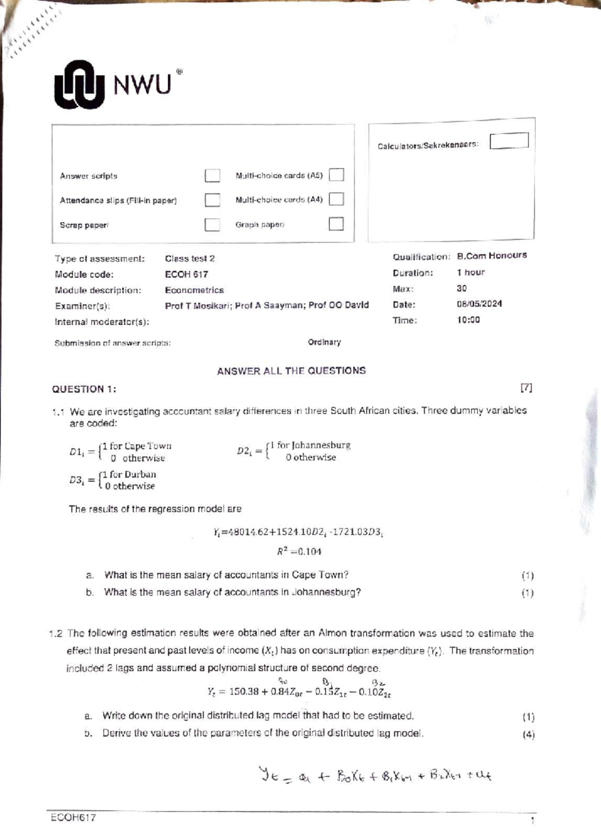 ECOH 617 Test 2 2024 - Practice Questions and Solutions - Studocu