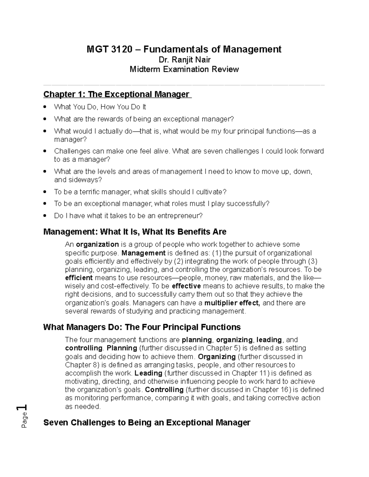 MGT 3120 Midterm Exam Study Guide: Key Concepts & Management Skills ...