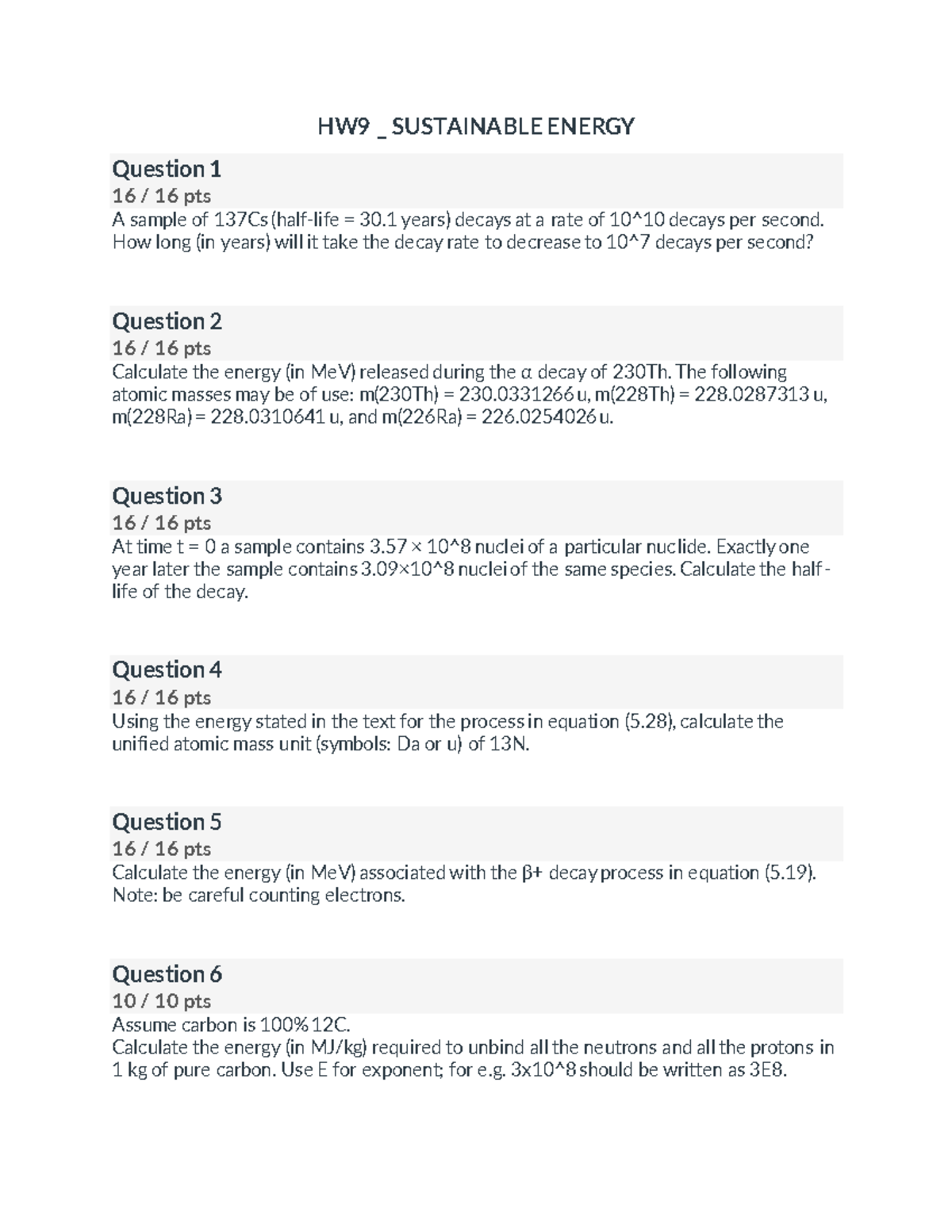 HW9 Questions and Solutions Sustainable Energy - HW9 _ SUSTAINABLE ...