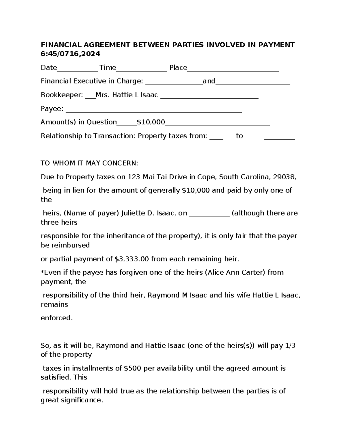 Financial Agreement Outline - 6:45/0716 Document 115 - Studocu