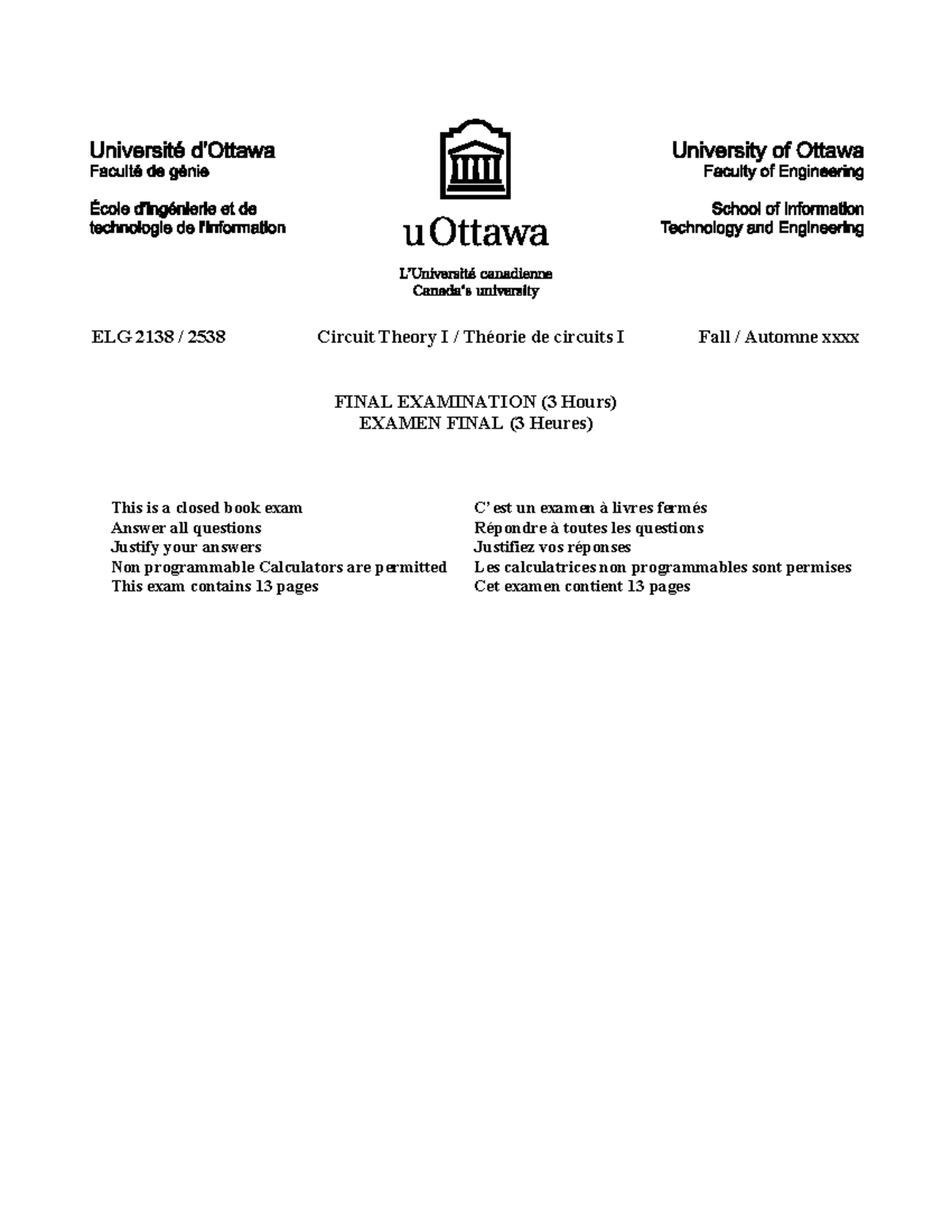 Sample Exam ELG2138 - ELG 2138 / 2538 Circuit Theory I / Théorie de ...