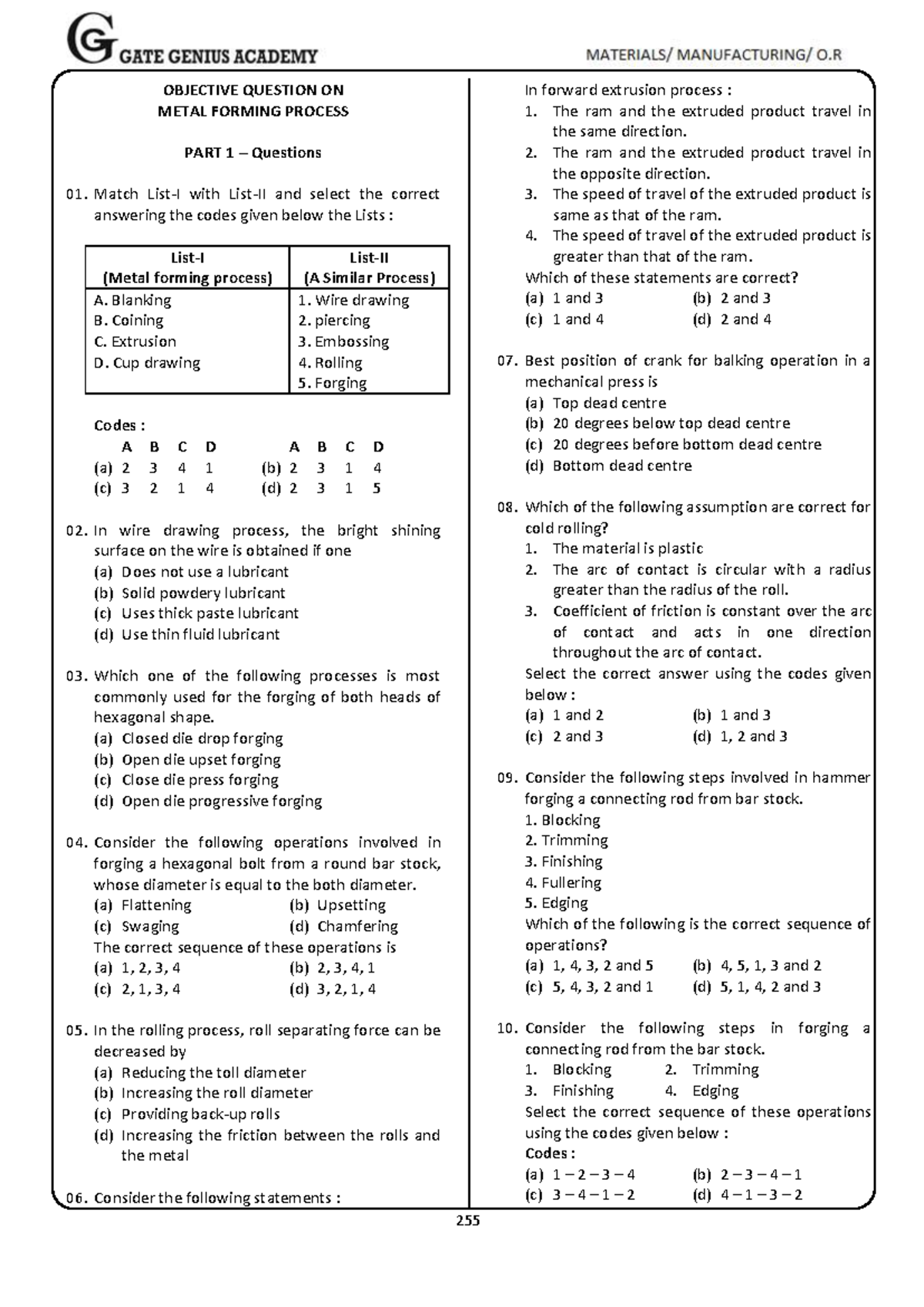 Metal Forming - Lecture Notes 4: Objective Questions and Answers - Studocu