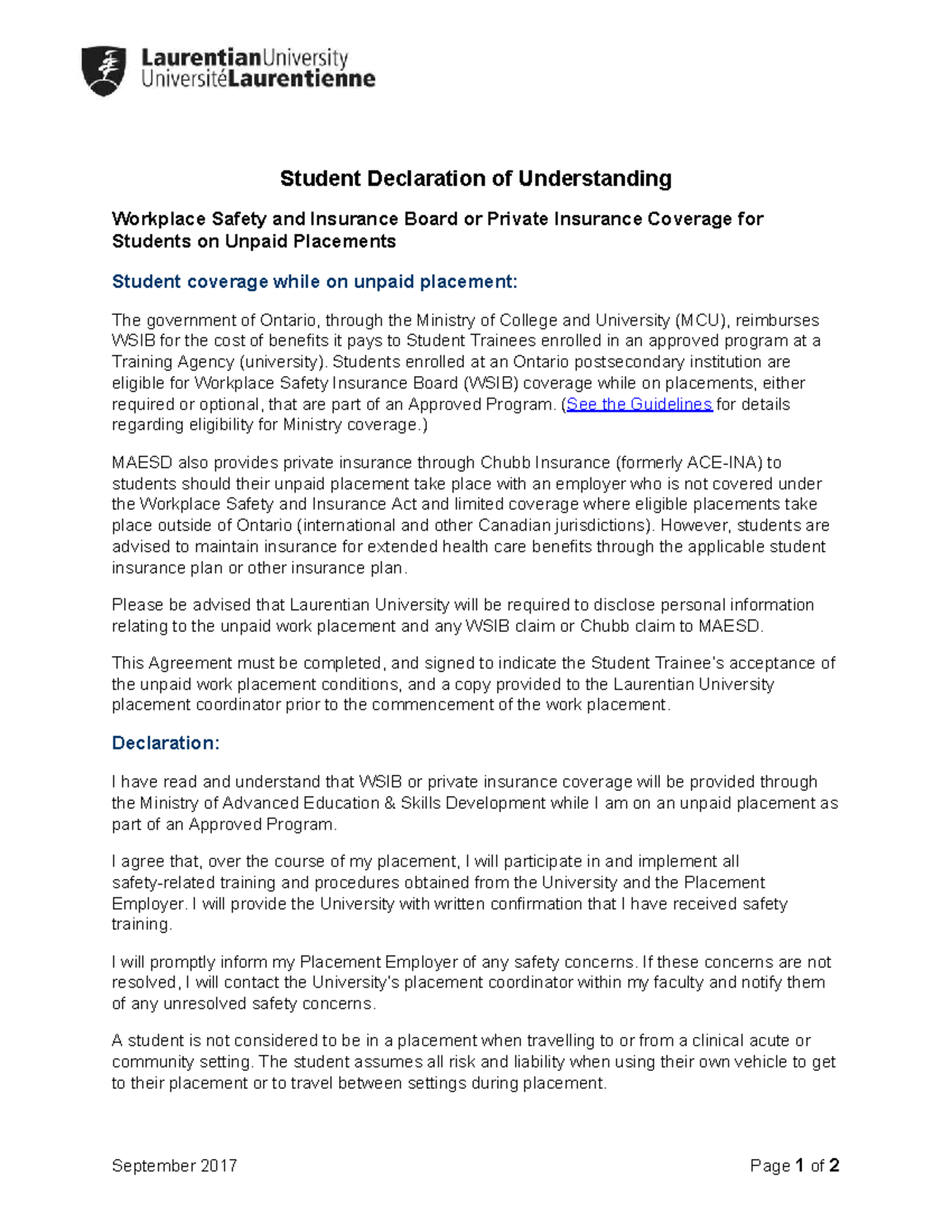 Student Declaration of Understanding: WSIB & Insurance Coverage for ...