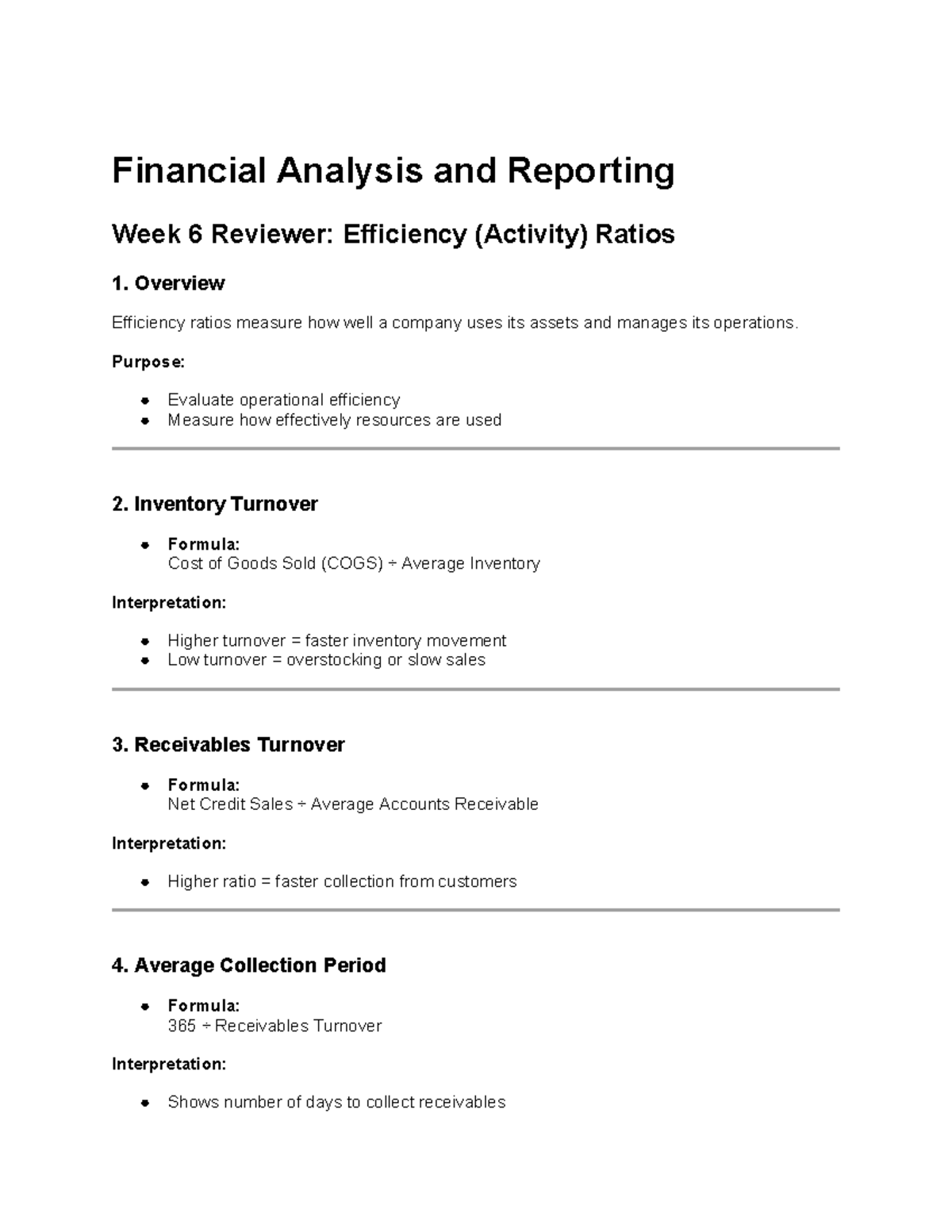 Financial Analysis and Reporting - WEEK 6: Efficiency Ratios Review ...