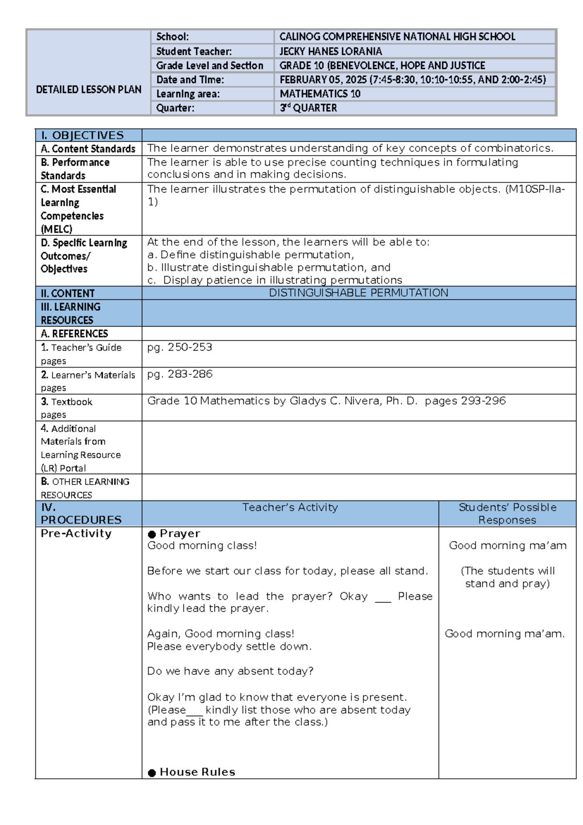Grade 10 Mathematics Lesson Plan: Distinguishable Permutations (3rd ...