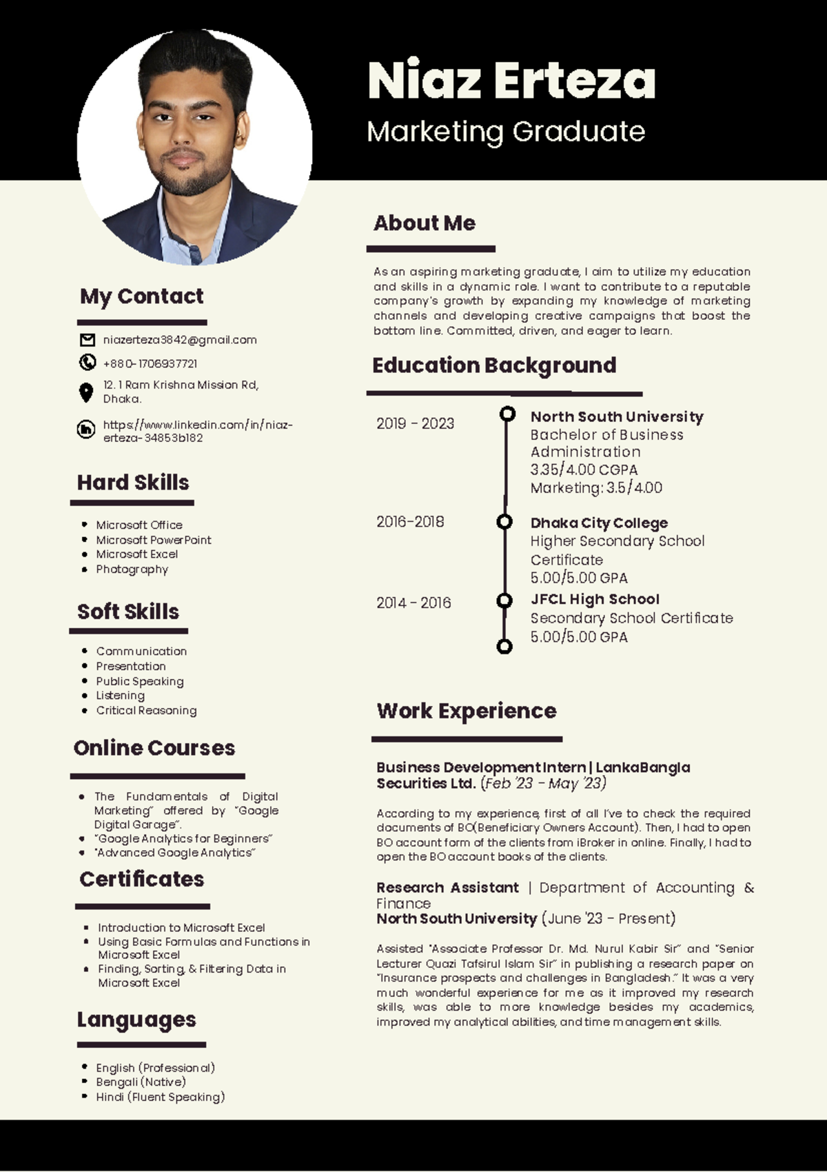 CV of Niaz Erteza - Marketing Graduate with Experience & Skills - Studocu