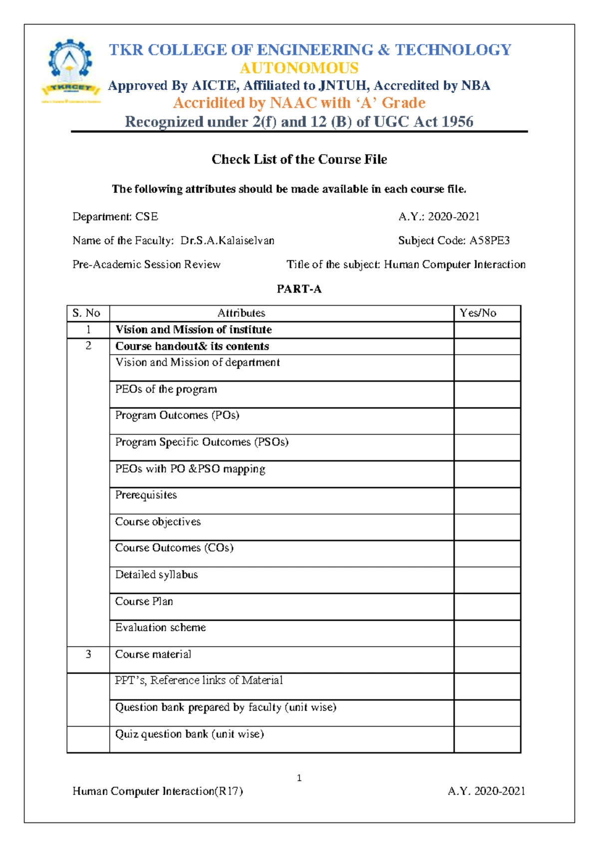 CSE C83PC1 DBMS Course File Checklist and Guidelines - Studocu