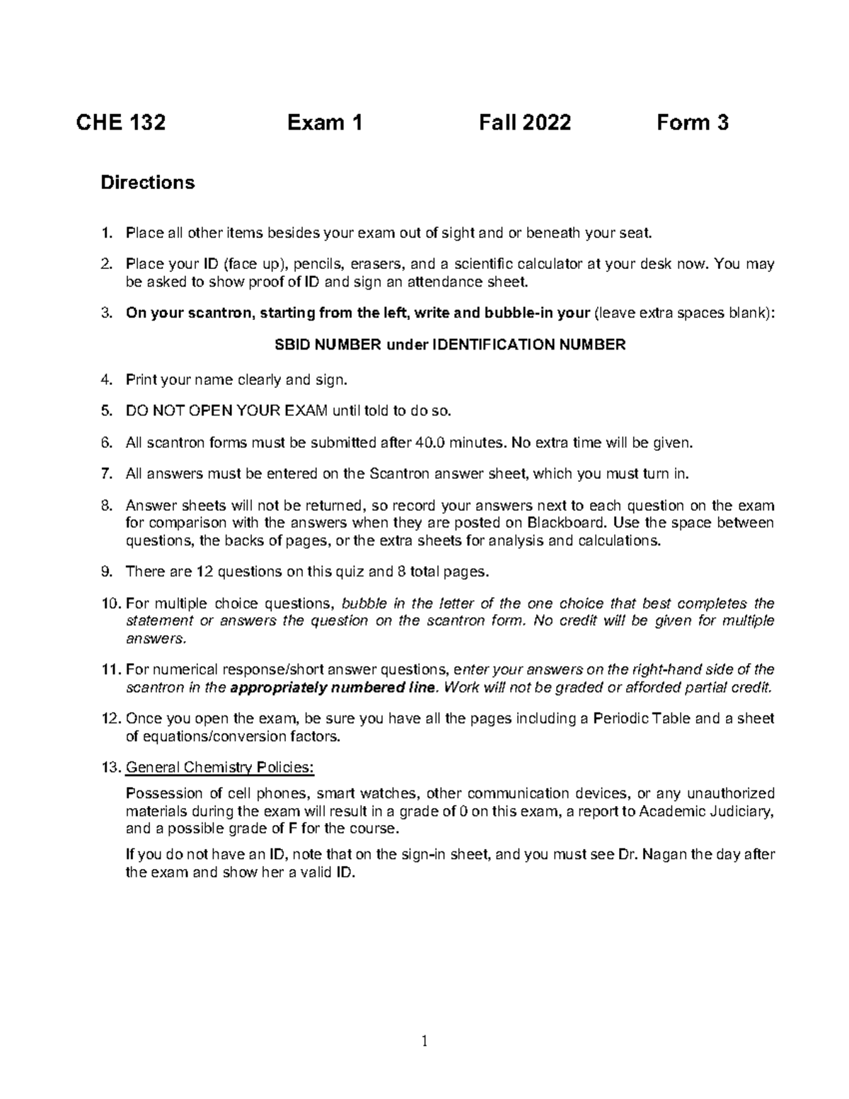 CHE 132 Exam 1 Fall 2022 Practice Exam Guide - Studocu