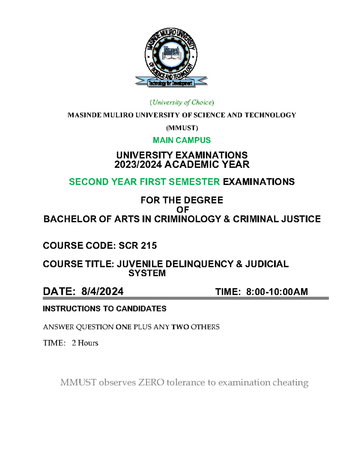 SCR 215 Juvenile Delinquency & Judicial System Past Exam Paper - Studocu