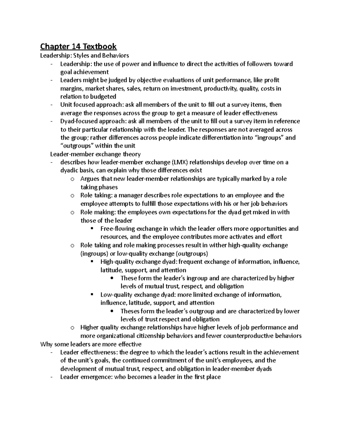 chapter 14 notes - Chapter 14 Textbook Leadership: Styles and Behaviors ...