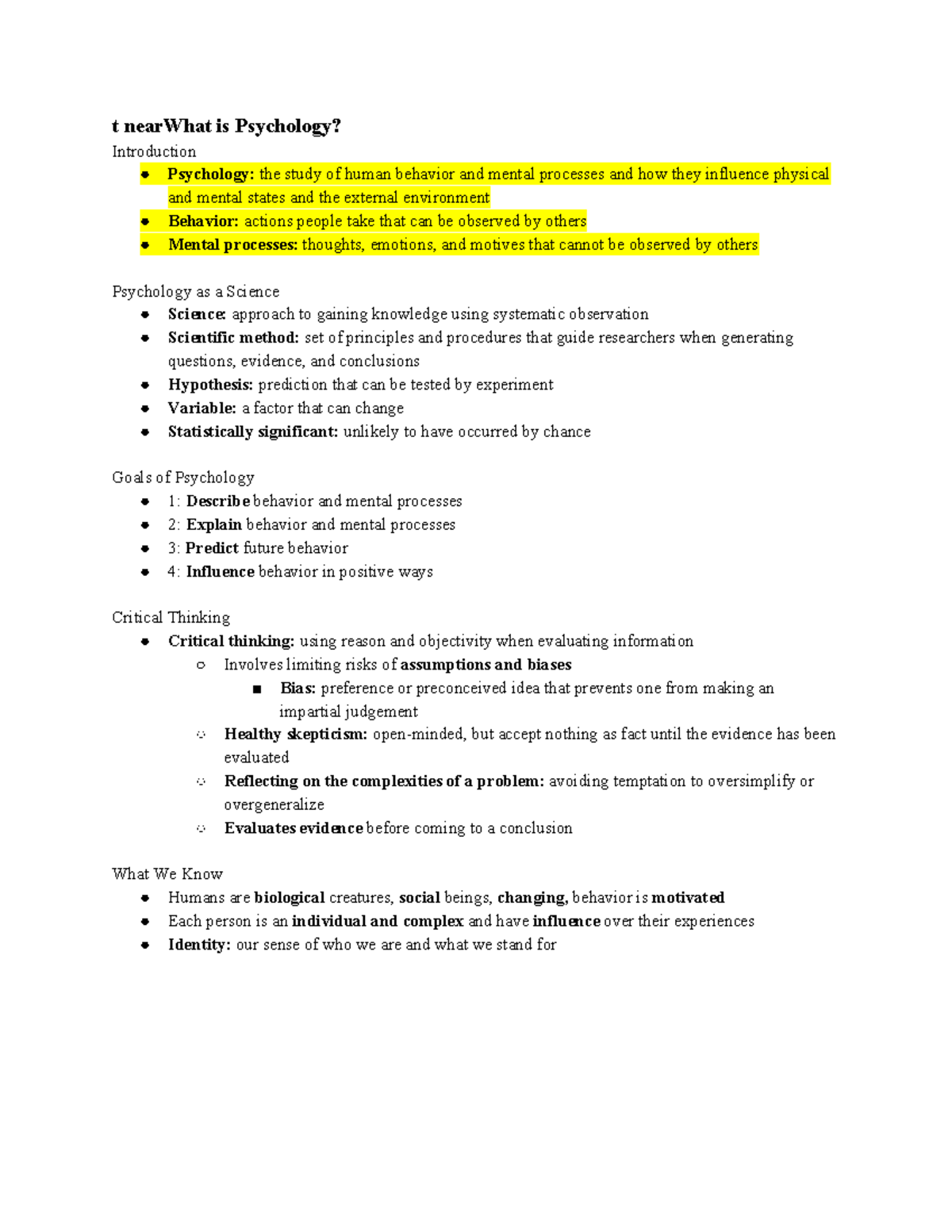 PSY 200 Exam 1 Study Notes: Intro to Psychology Concepts - Studocu