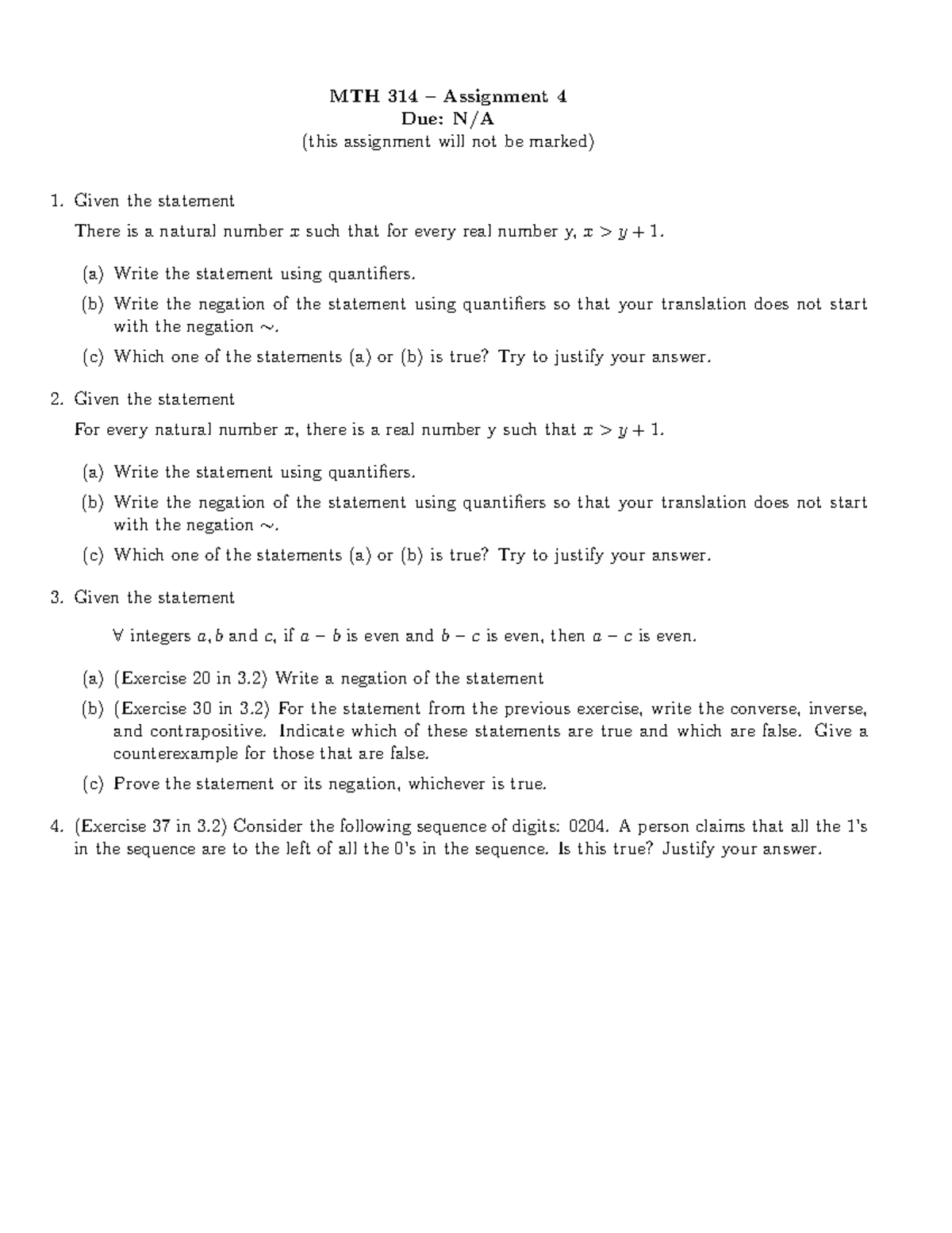 MTH1190 - Assignment 04 - MTH 314 – Assignment 4 Due: N/A (this ...