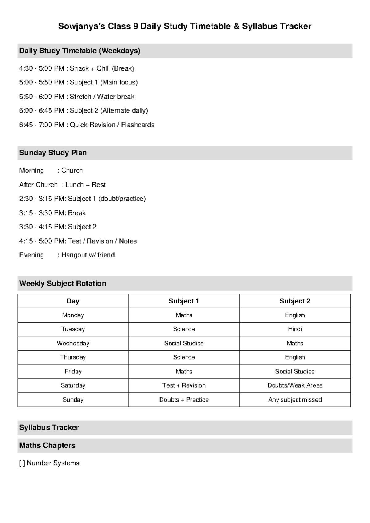 Class 9 Daily Study Timetable & Syllabus Tracker - Studocu