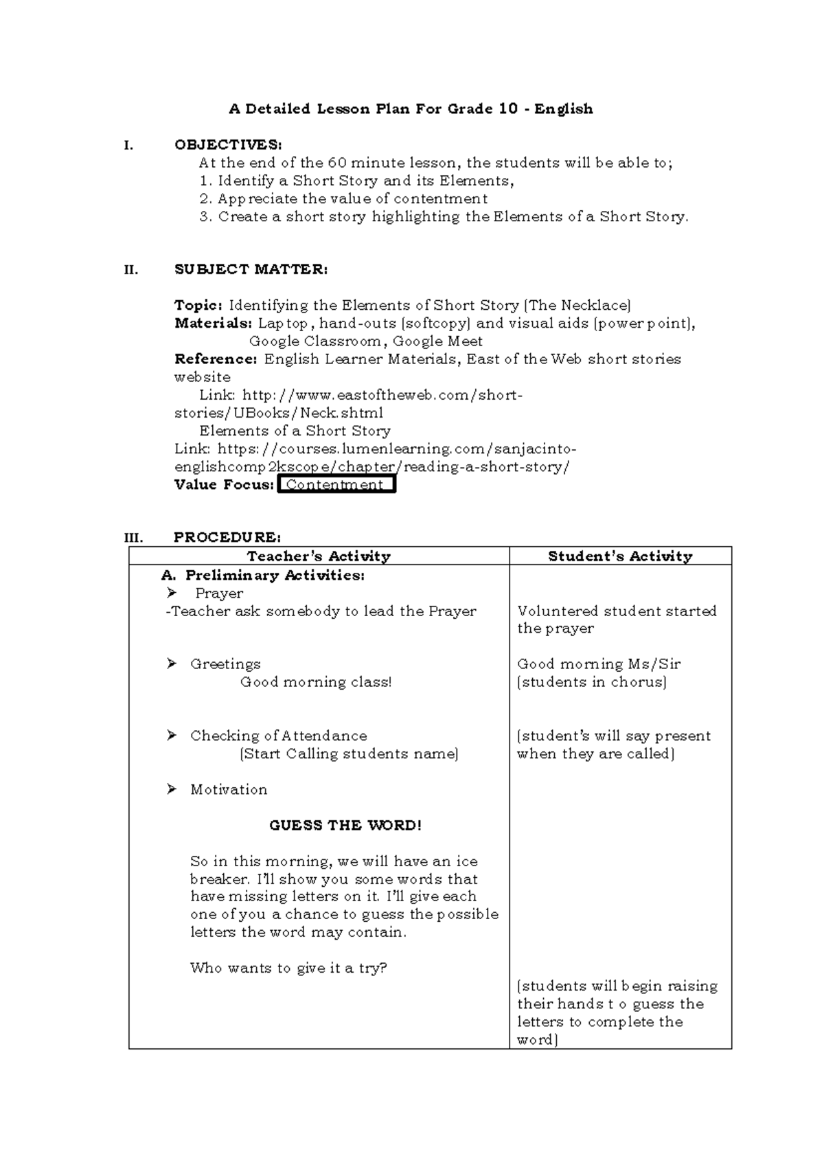 Grade 10 English Lesson Plan: Exploring Short Story Elements - Studocu