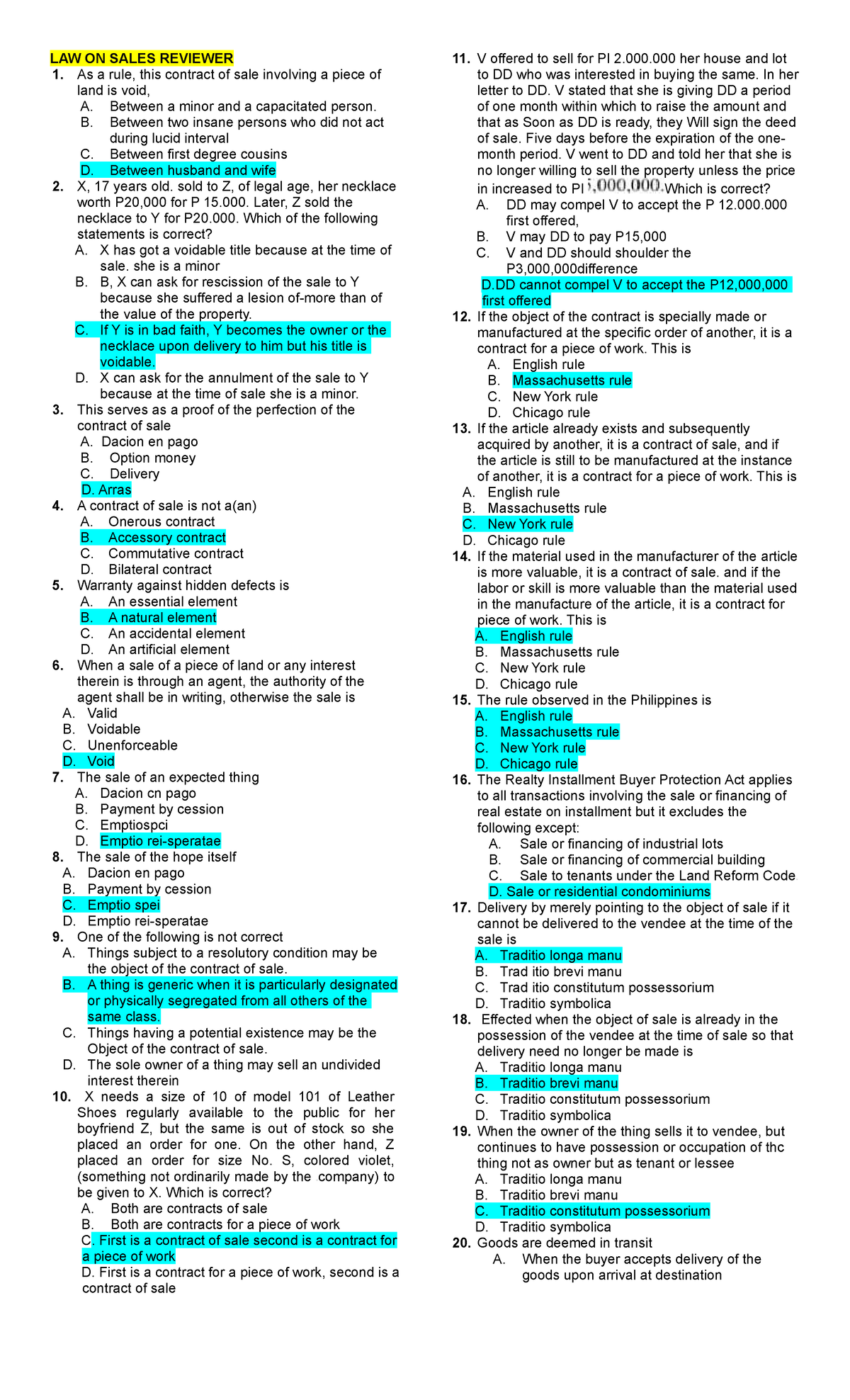 Law on Sales (Law 101) - MCQ Study Notes and Review Guide - Studocu