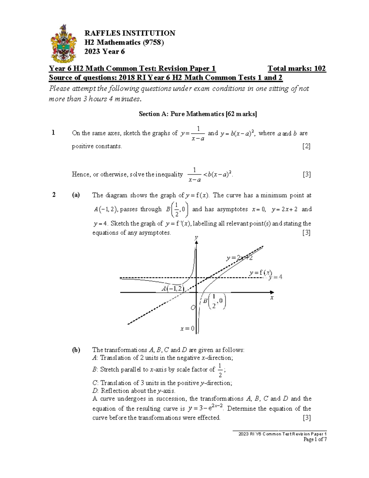 2023 RAFFLES H2 Mathematics (9758) Year 6 Common Test Revision Paper 1 ...