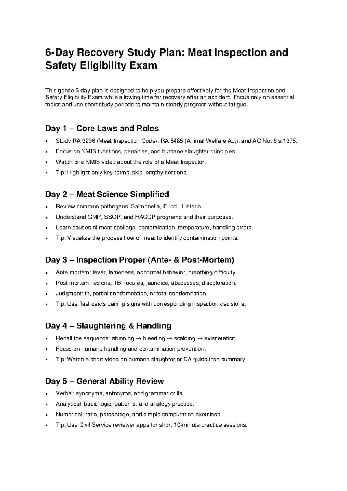 6-Day Study Plan for Meat Inspection & Safety Exam - Studocu