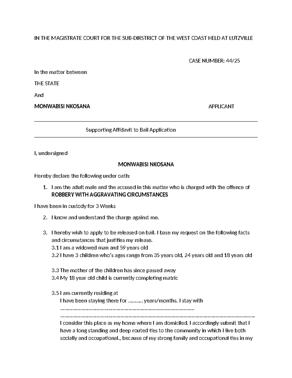 Schedule 5 Bail Application: Affidavit for Monwabisi Nkosana - Studocu
