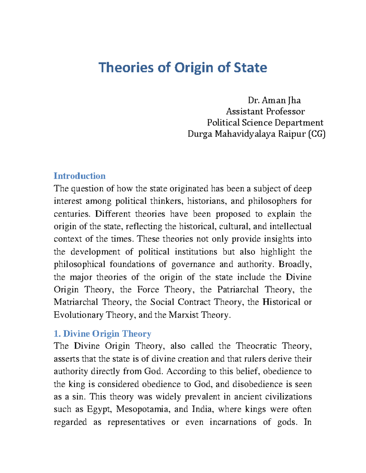 Theories of Origin of State: Insights and Perspectives in Political ...