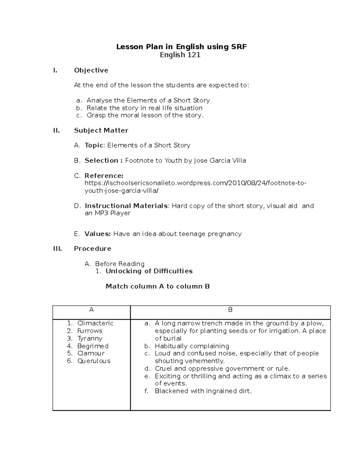 Lesson Plan for English 121: SRF Method & 