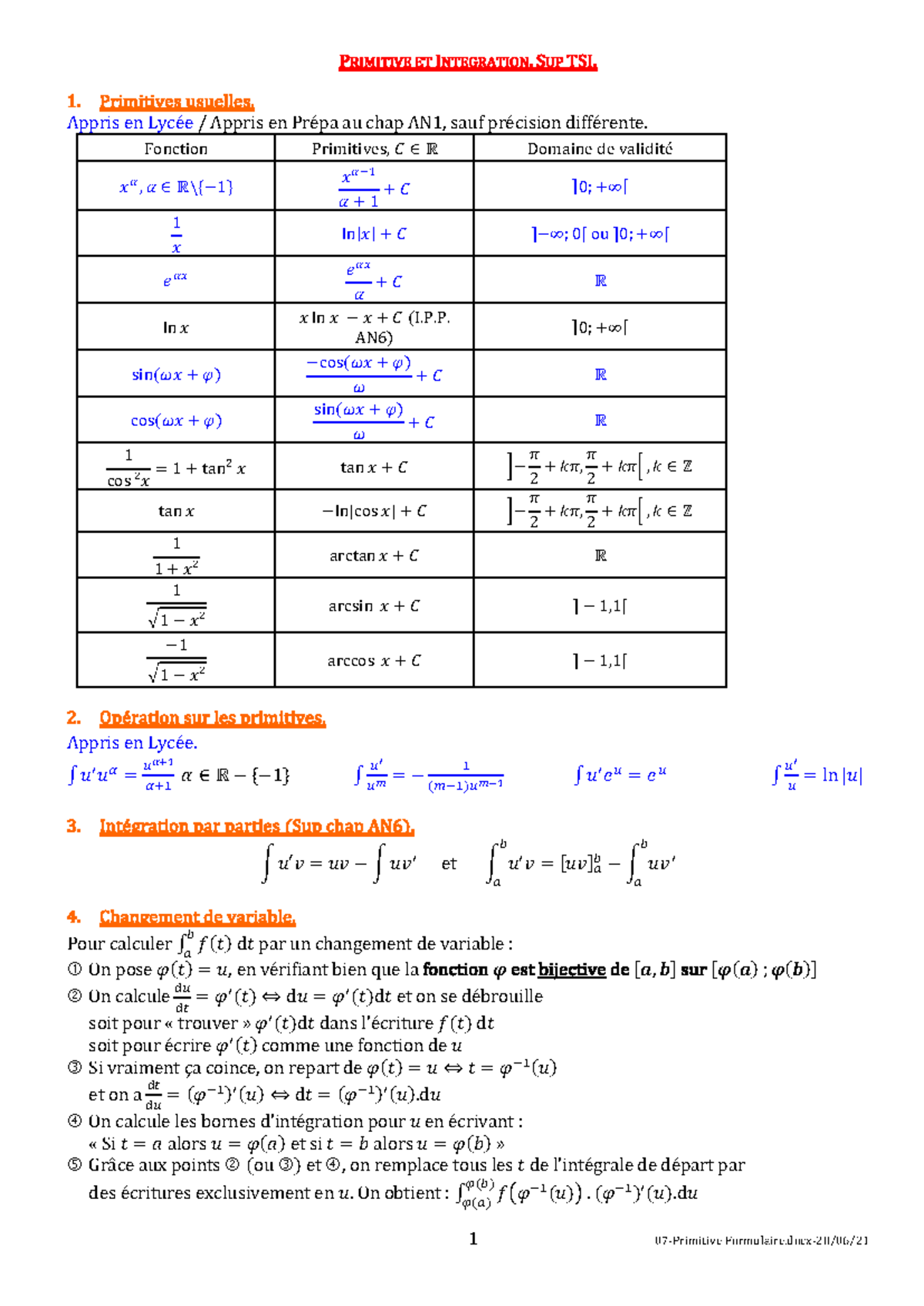 Primitives et Intégration - Notes de cours TSI AN1 et AN6 - Studocu