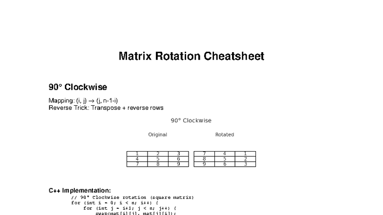 Matrix rotations cheatsheet - Matrix Rotation Cheatsheet 90° Clockwise ...