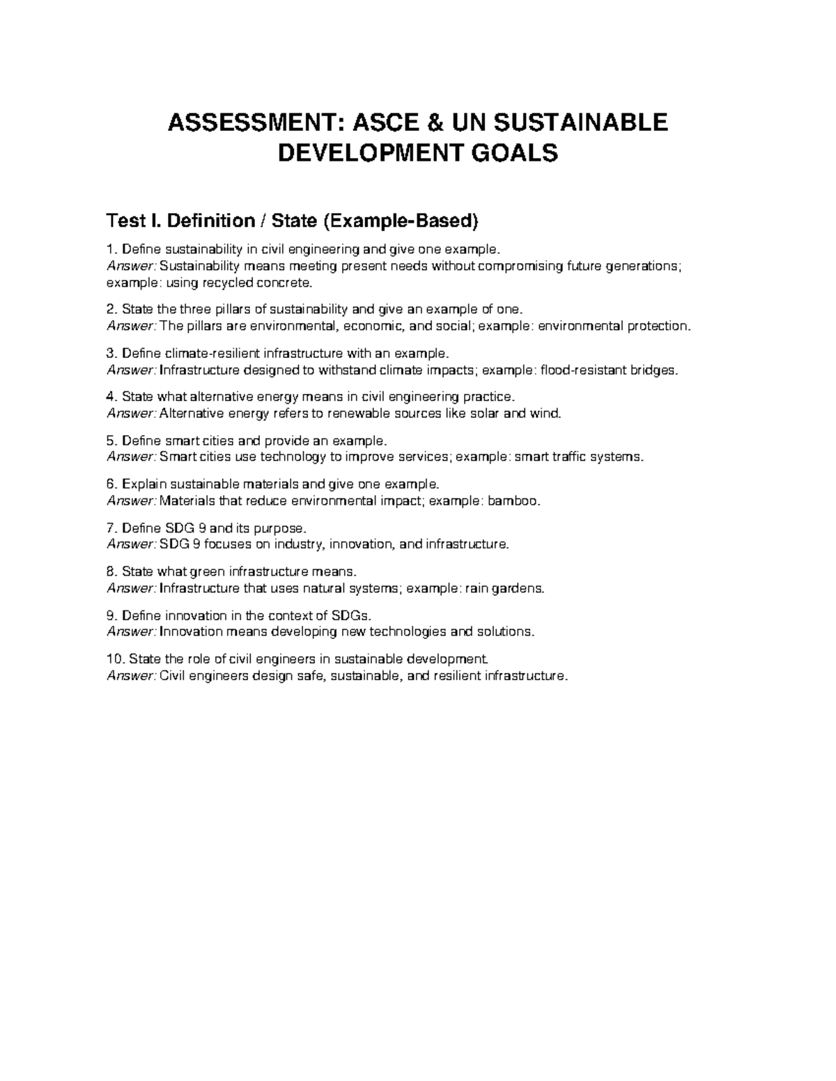 ASCE UN SDGs Test I & II: Sustainability in Civil Engineering - Studocu