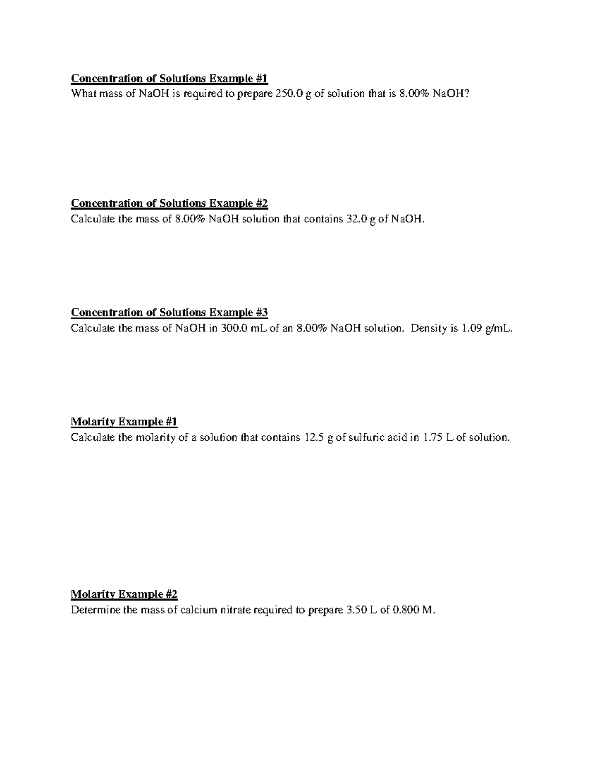 W6 Examples - Concentration & Molarity Calculations - Studocu