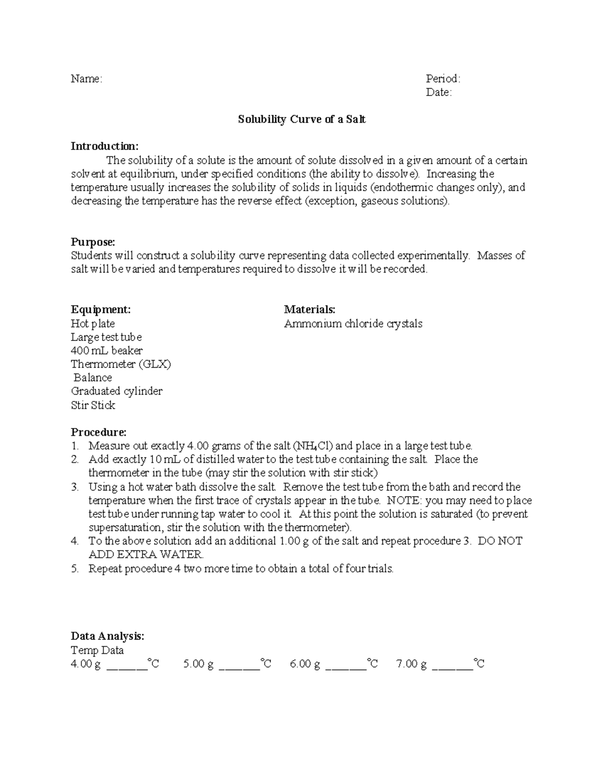 Solubility Lab: Constructing a Solubility Curve for NH4Cl - Studocu