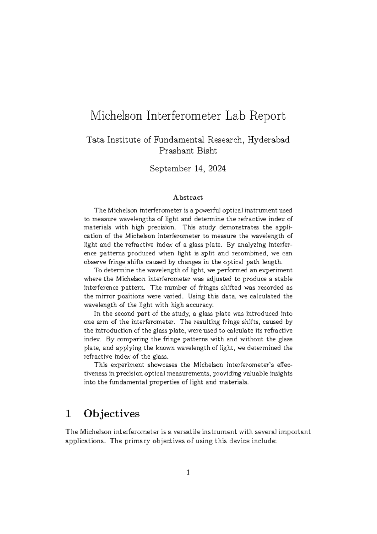 Michelson Interferometer Lab Report - Physics 101 by Prashant Bisht ...