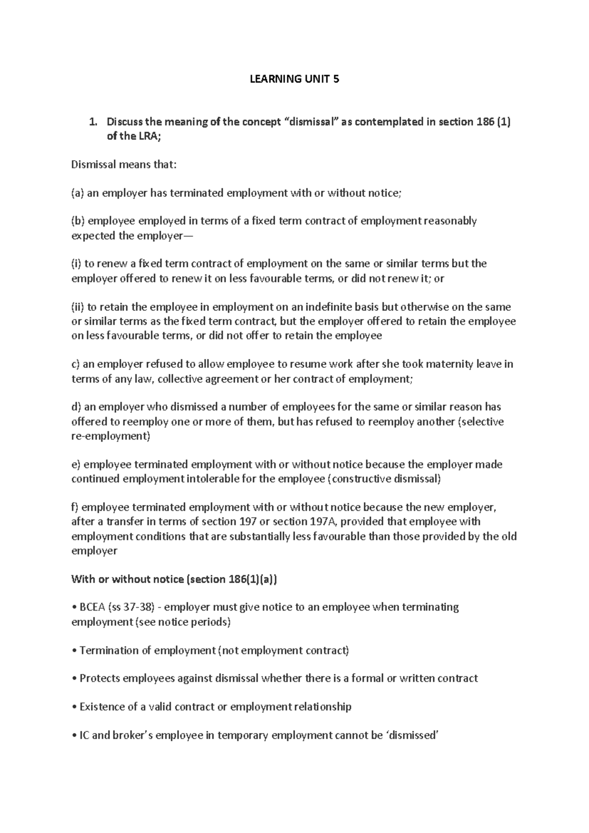 LLAW - LU5 - Summary Labour Law - LEARNING UNIT 5 Discuss the meaning ...