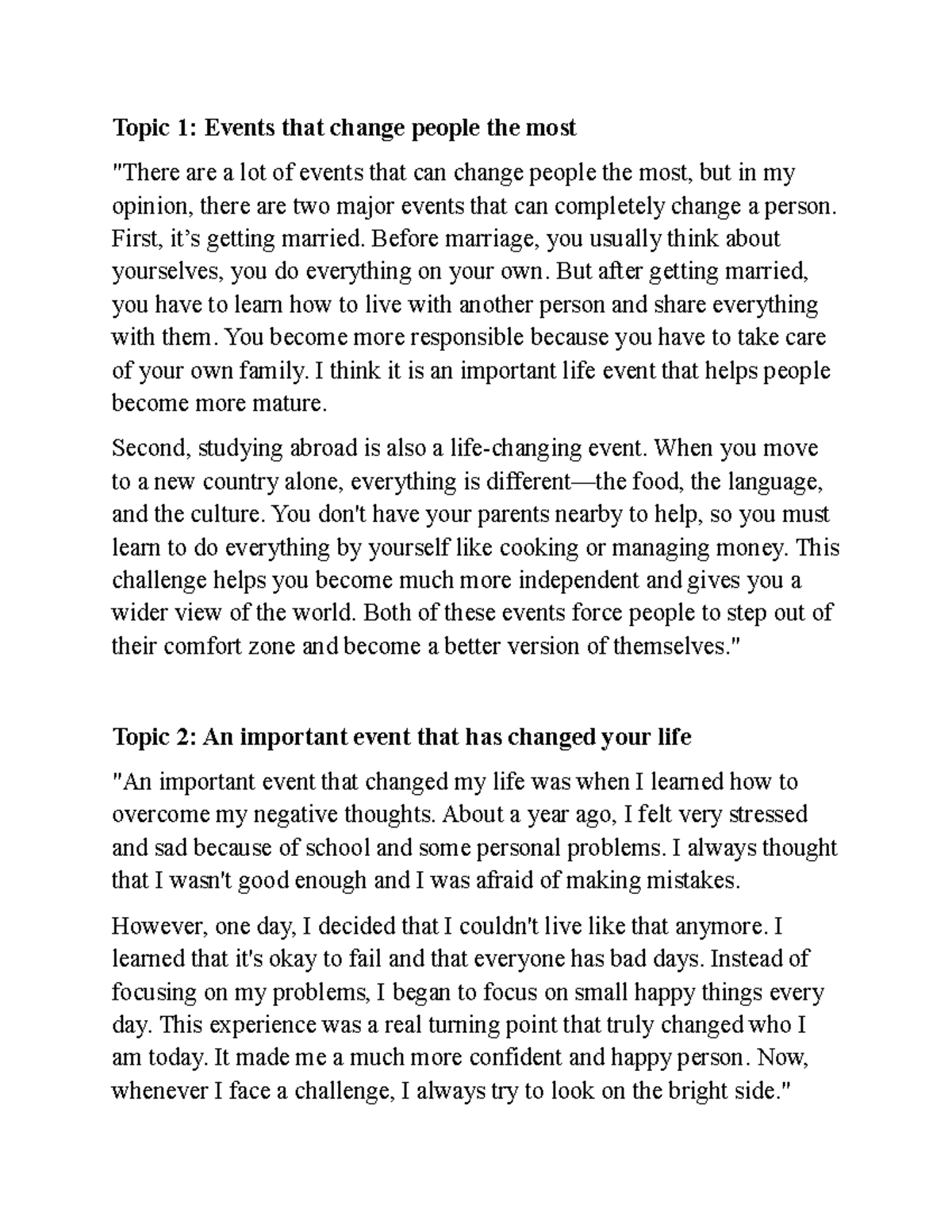 Speaking TA3: Life-Changing Events and Personal Growth - Studocu