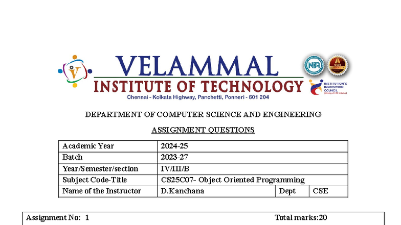 CSE 101: Object Oriented Programming Assignment Questions & Answers ...