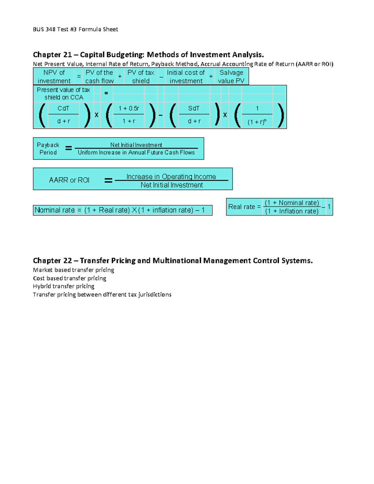 BUS 348 Test #3 Formula Sheet: Capital Budgeting & Transfer Pricing ...
