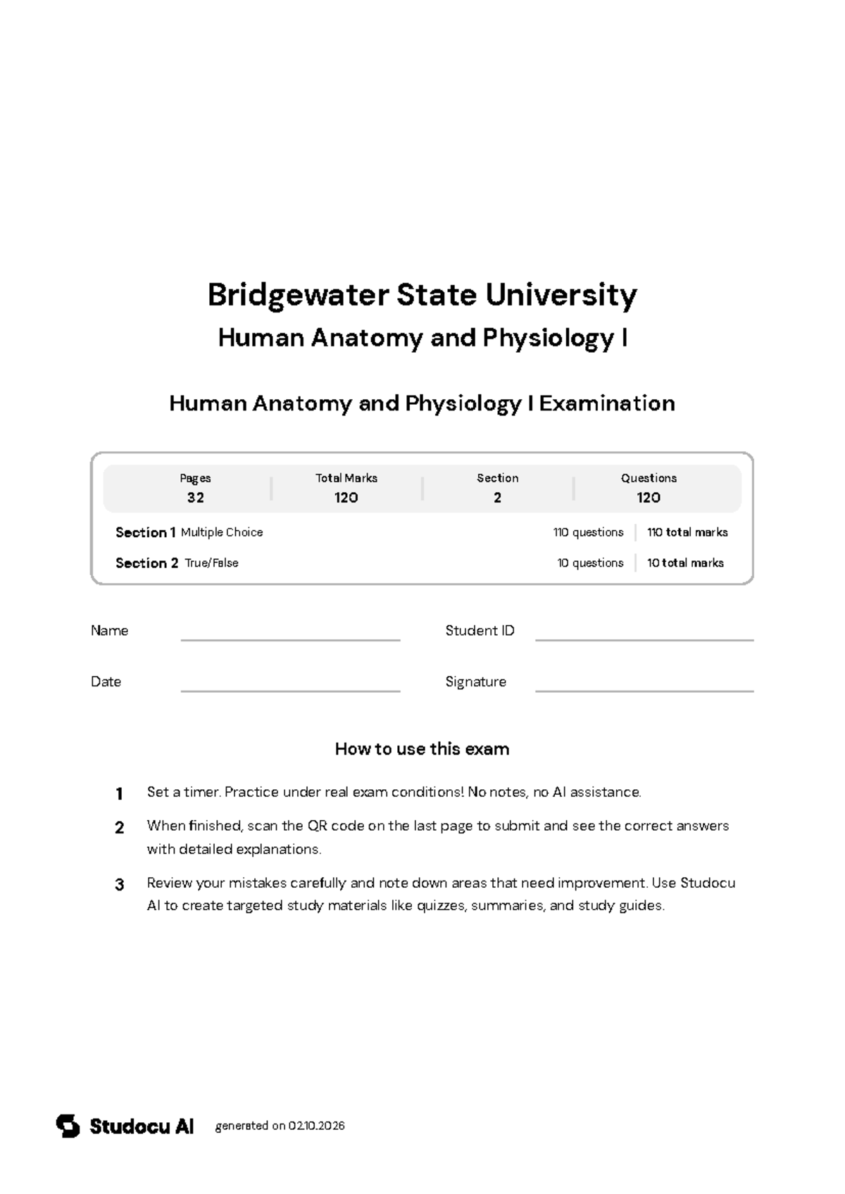 Human Anatomy and Physiology I Final Exam - Studocu