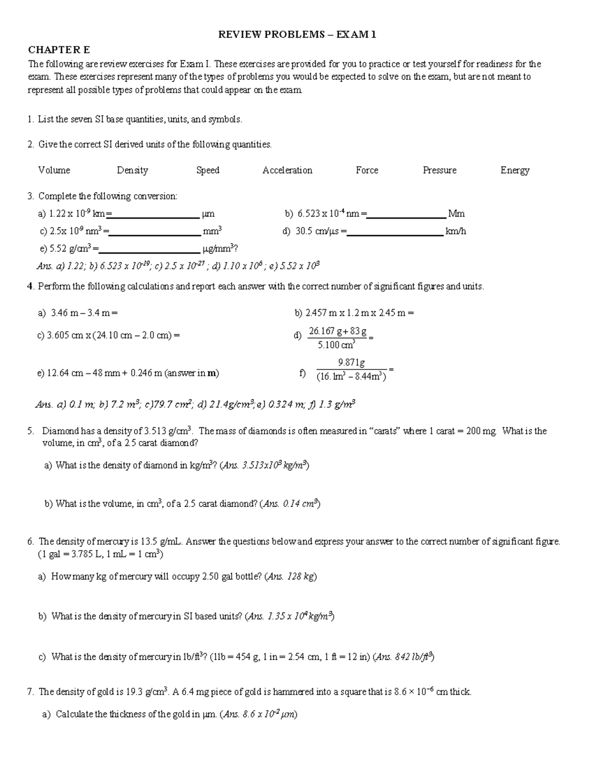 REVIEW PROBLEMS FOR EXAM 1: CHAPTER E - Studocu
