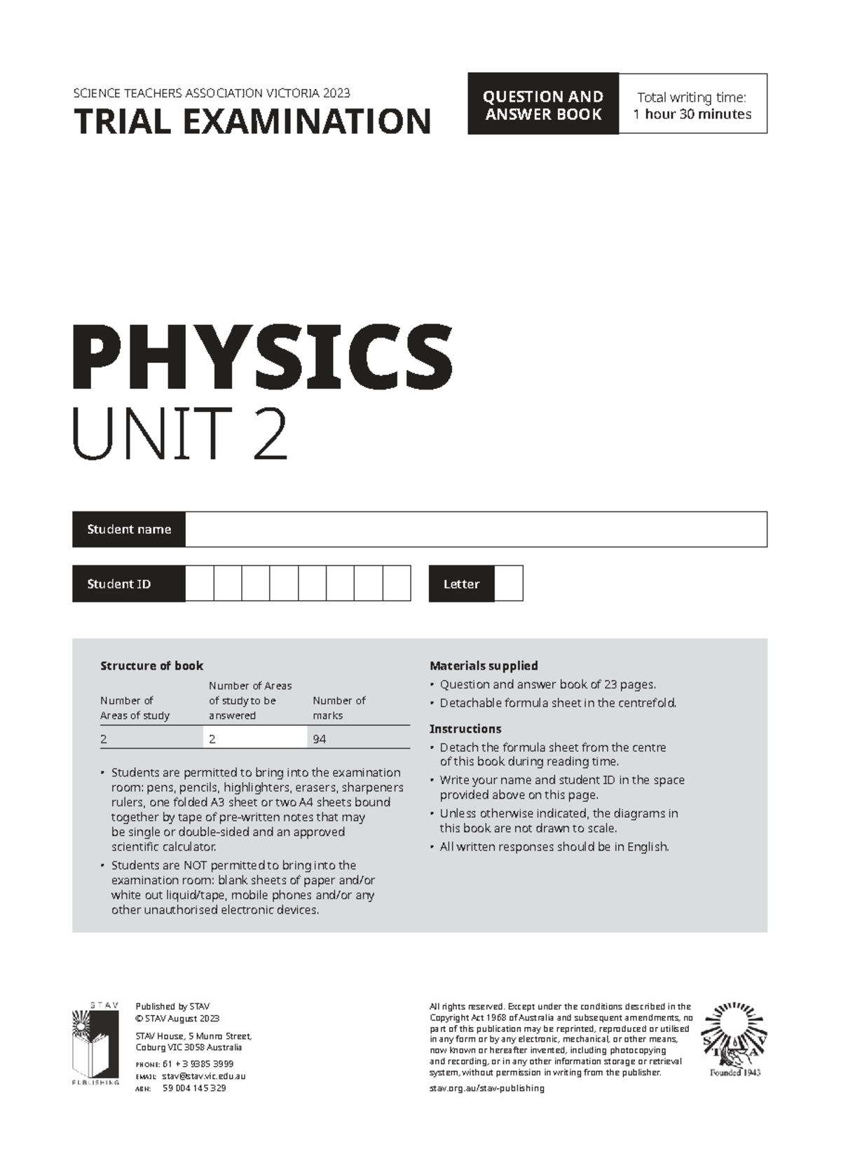 2023 STAV Unit 2 Physics Trial Exam Questions and Answers - Studocu