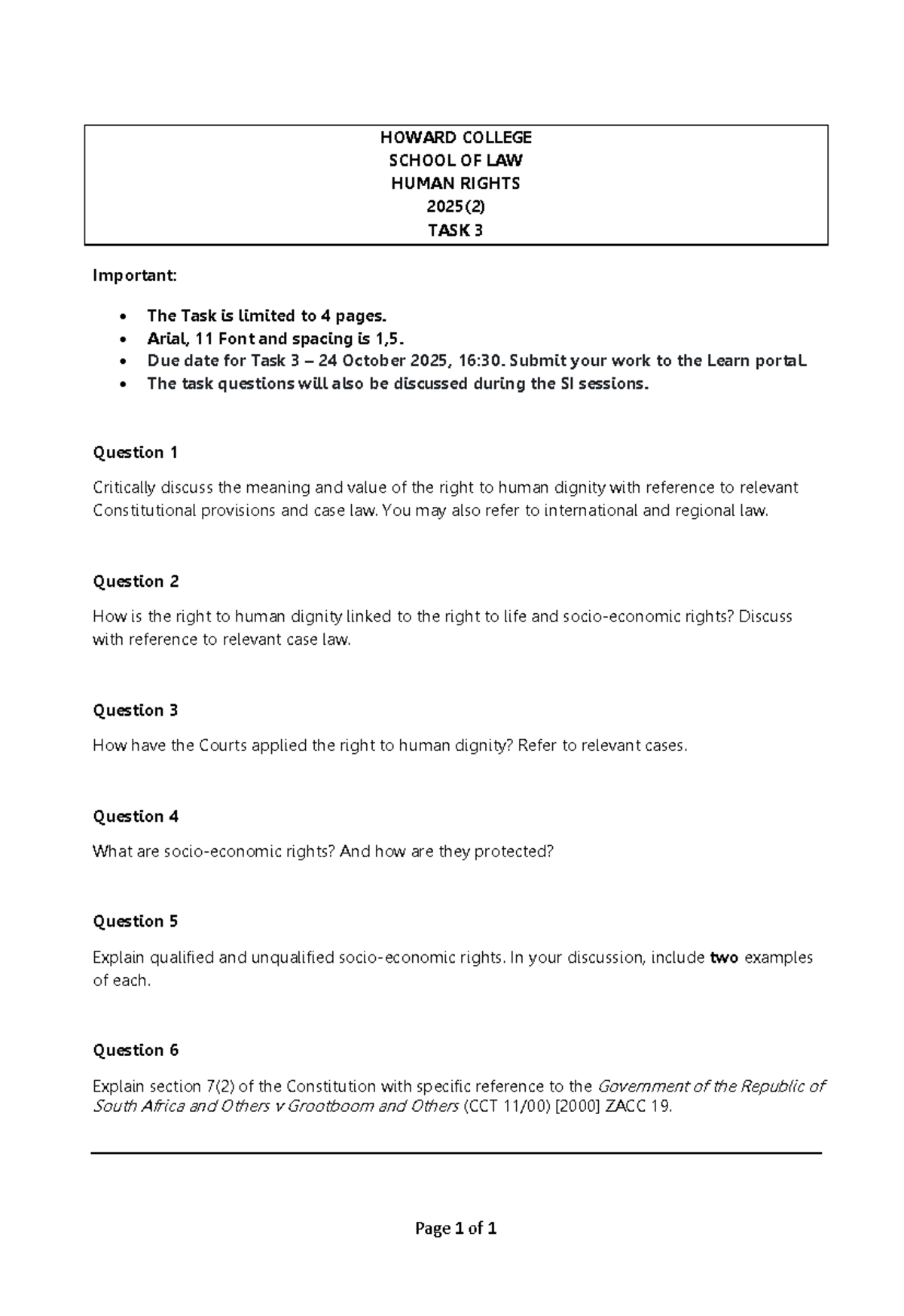 HOWARD COLLEGE LAW HUMAN RIGHTS 2025(2) TASK 3 QUESTIONS - Studocu