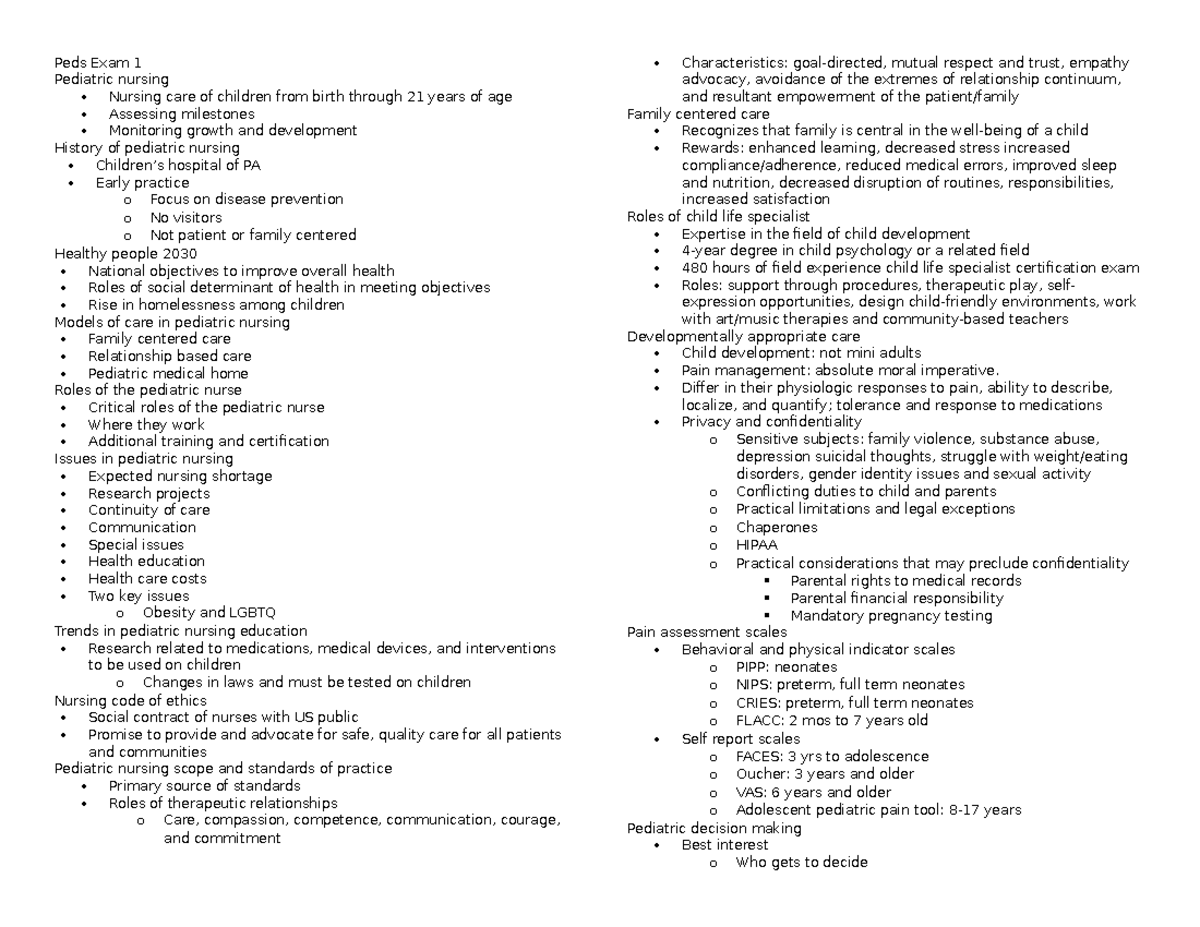 Peds exam 1 - from ppt - Peds Exam 1 Pediatric nursing Nursing care of ...