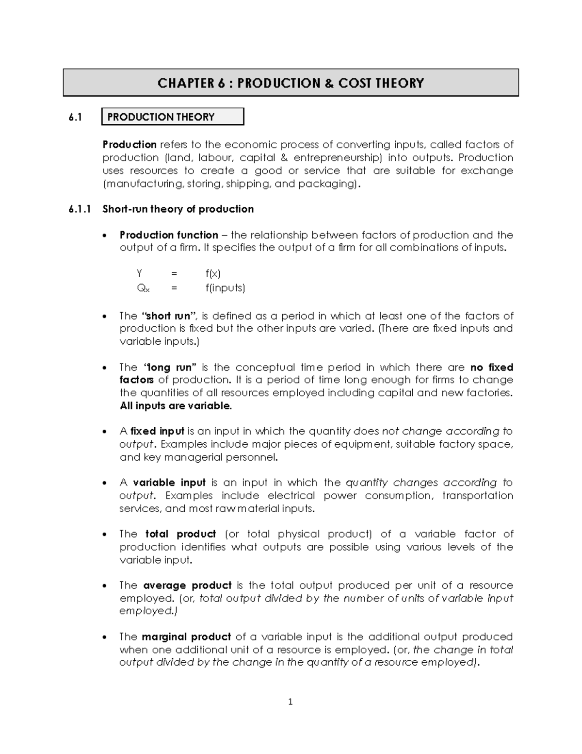 Chapter 6 - Production & Cost Theory (ECO) - Studocu